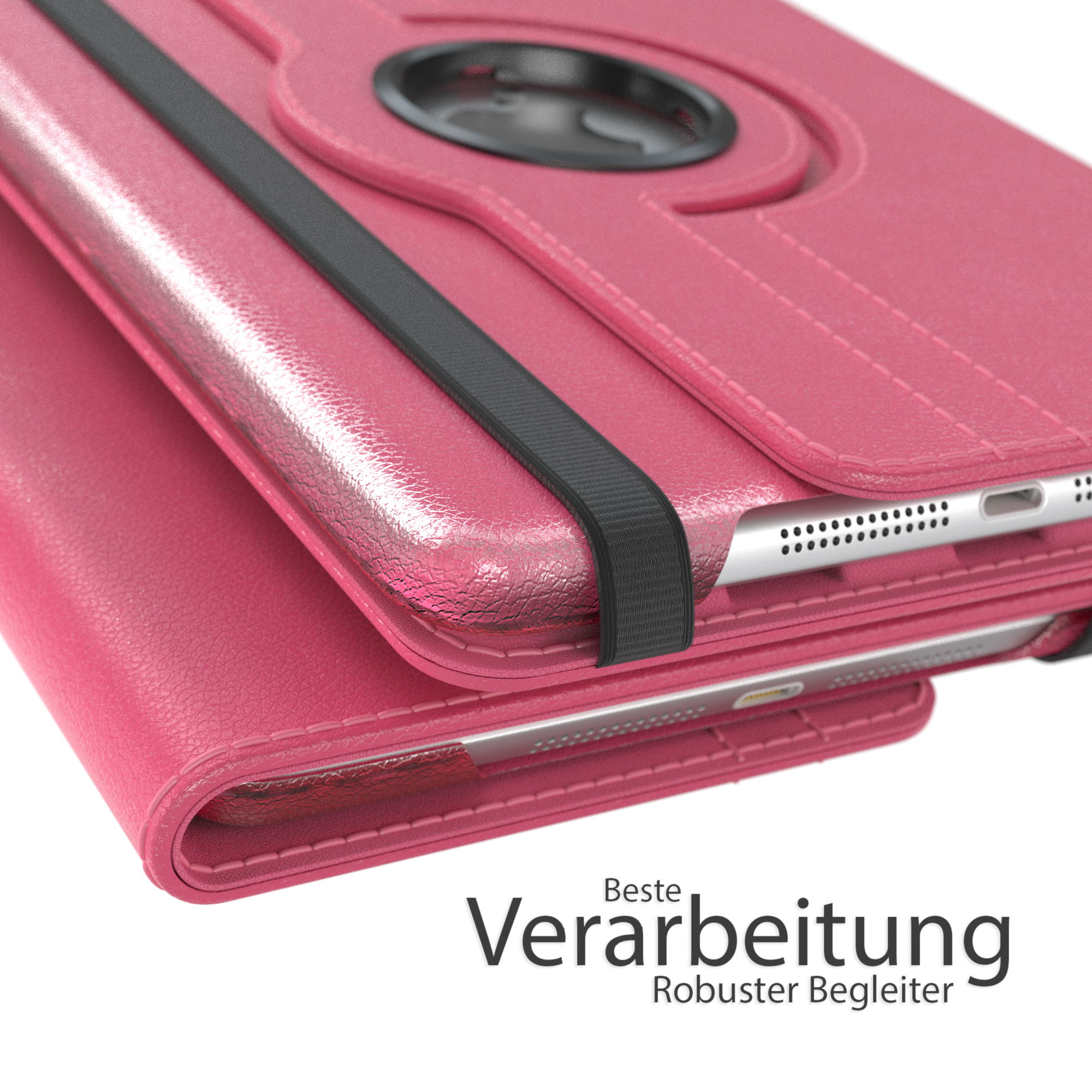 Rosa Tablet-Hülle, Vorder- und Oberseite, schwarzer Riemen und das Wort 'Best'.