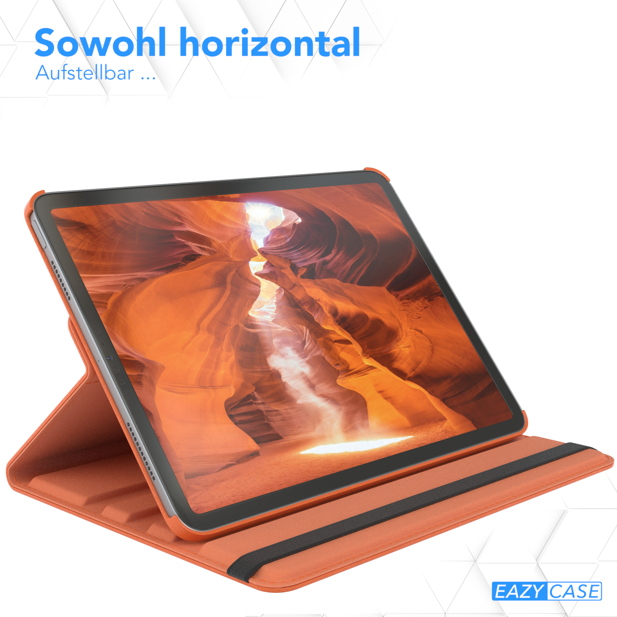 Tablet in brauner Hülle, orangefarbenes Innere. Gehäuse offen, zeigt Bildschirm mit Canyon-Bild. Text oben.