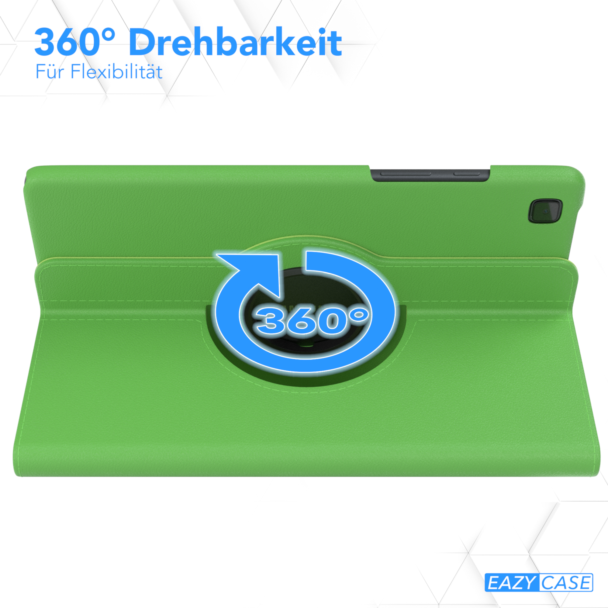Grüne Tablet-Hülle mit 360°-Rotationssymbol. Text: 360° Drehberkeit, Für Flexibilität. Weißer Hintergrund.