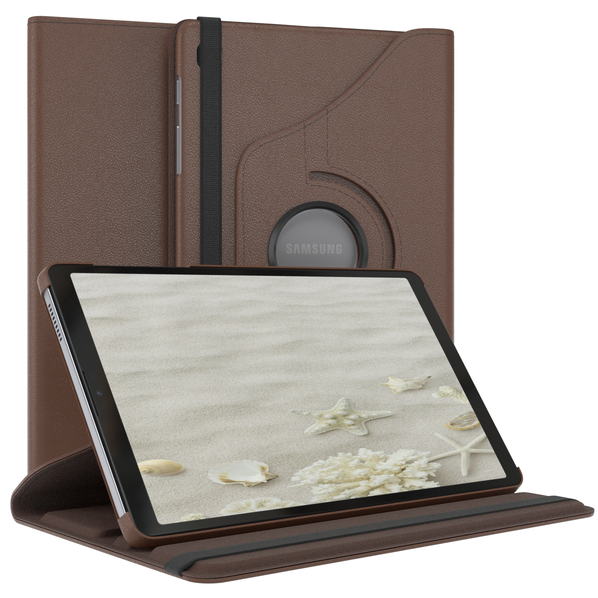 Ein braunes Tablet in einem braunen Gehäuse, das eine Strandszene mit Muscheln zeigt.