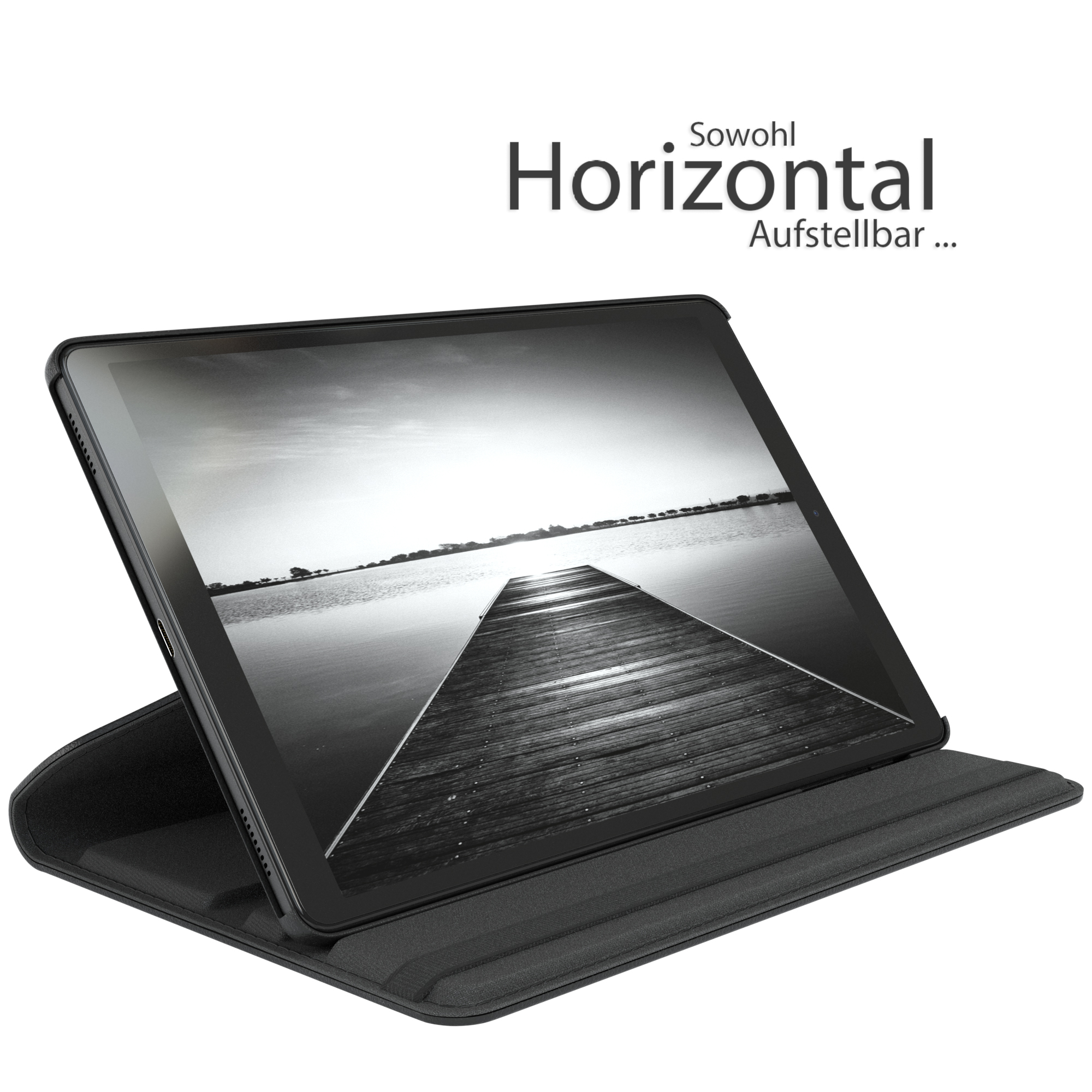 Tablet in einer Hülle aufgestellt, zeigt eine Seeufer-Szene. Schwarze Hülle, schwarzer Hintergrund.