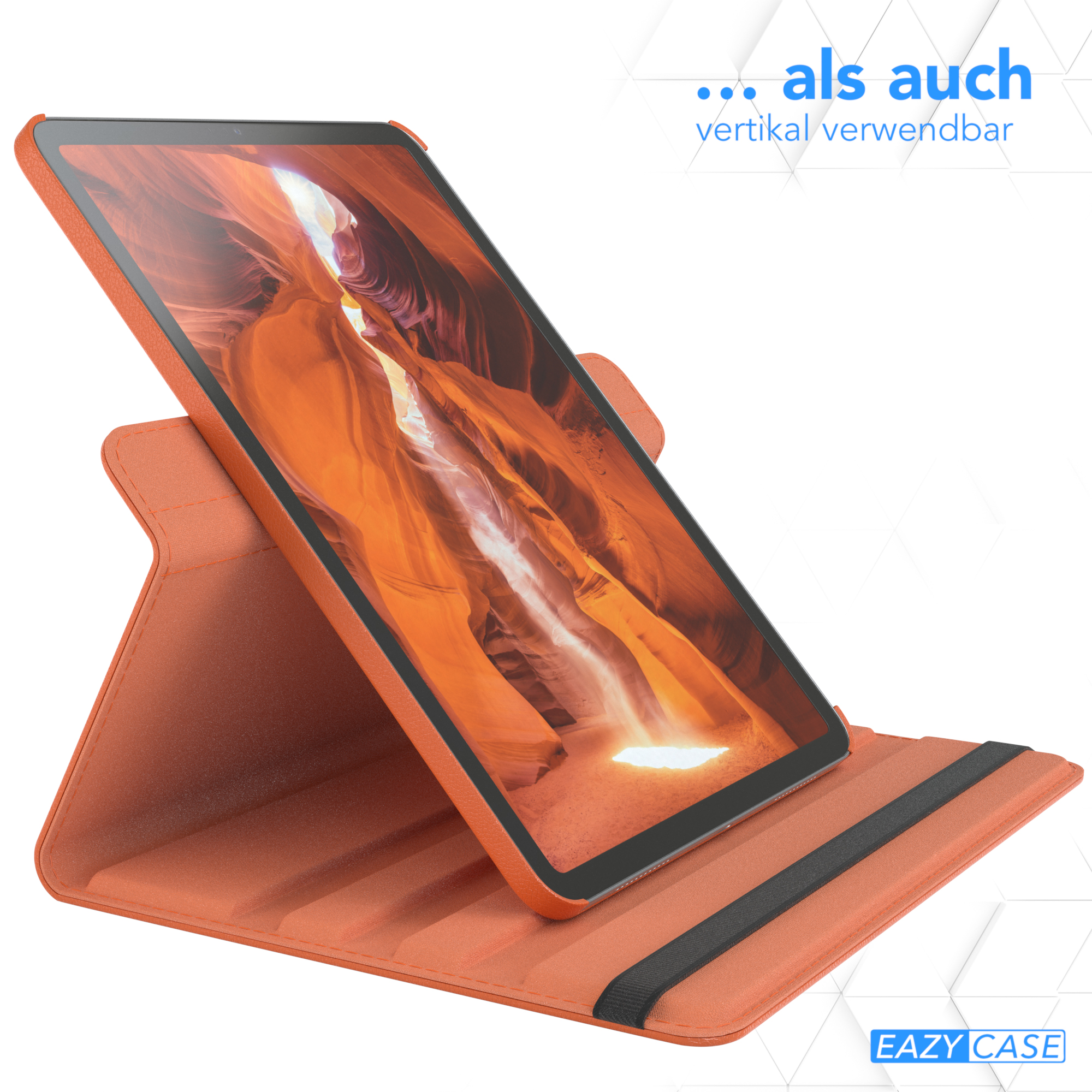 Ein orangefarbenes Tablet in einem Ständer. Text: Kann vertikal verwendet werden.
