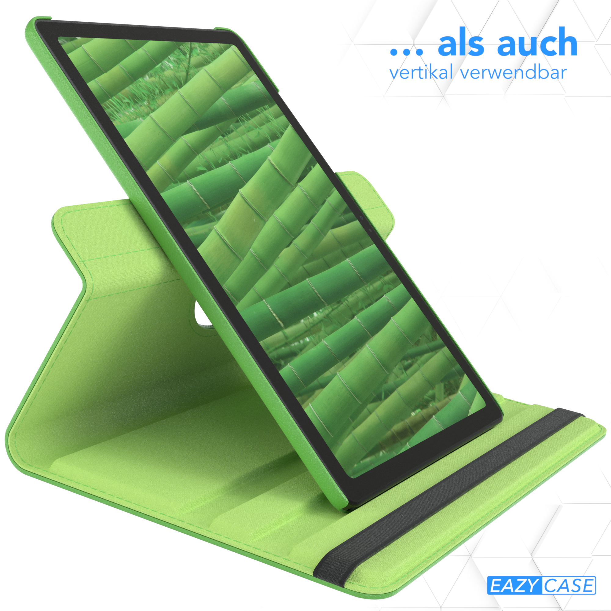 Ein grüner Tablethalter mit einem Tablet, das eine Bambuswaldszene zeigt. Weißer Hintergrund.