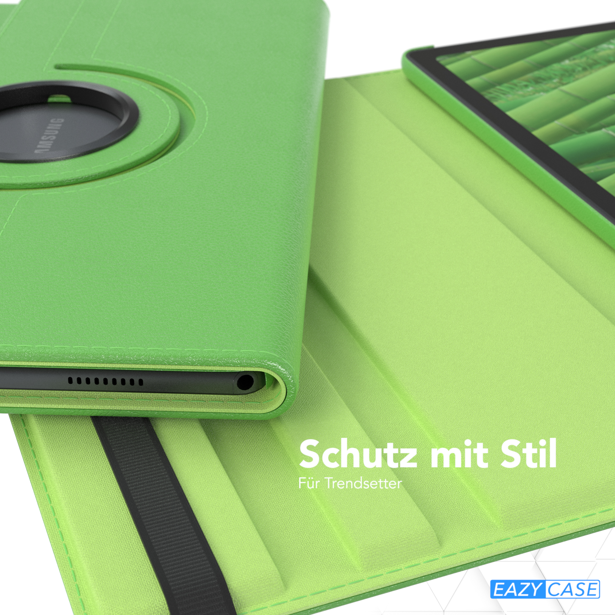 Grüne Tablet-Hülle mit grünem Tablet. Text: 'Schutz mit Stil Für Trendsetter'.