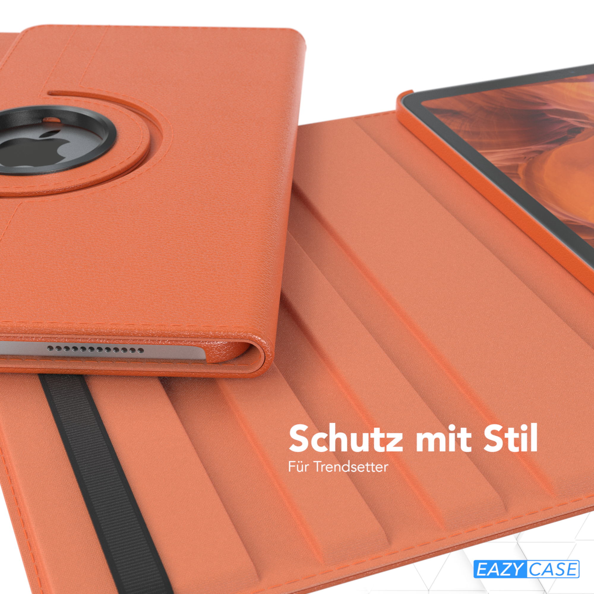 Geöffnete orangefarbene Tablethülle, die das Tablet zeigt. Das Gehäuse ist orange.