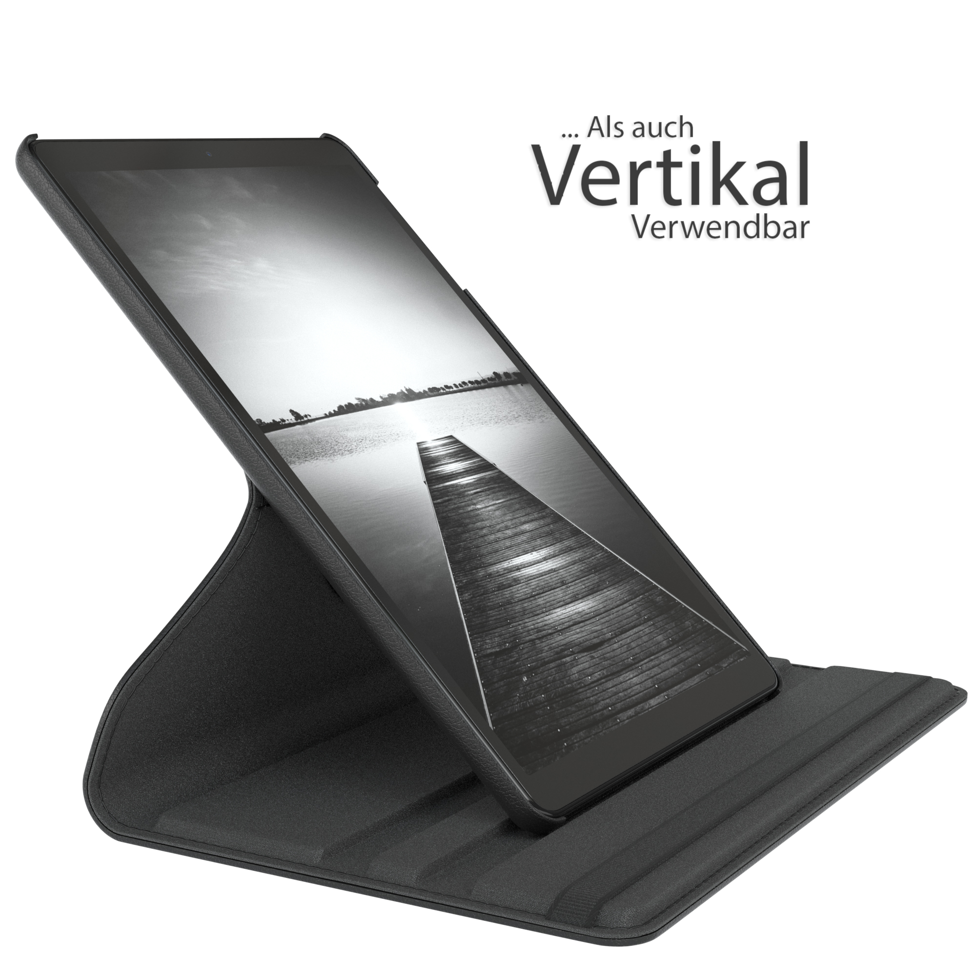 Tablet in schwarzem Case. Schwarzer Hintergrund mit Graustufenbild. Weißer Hintergrund.