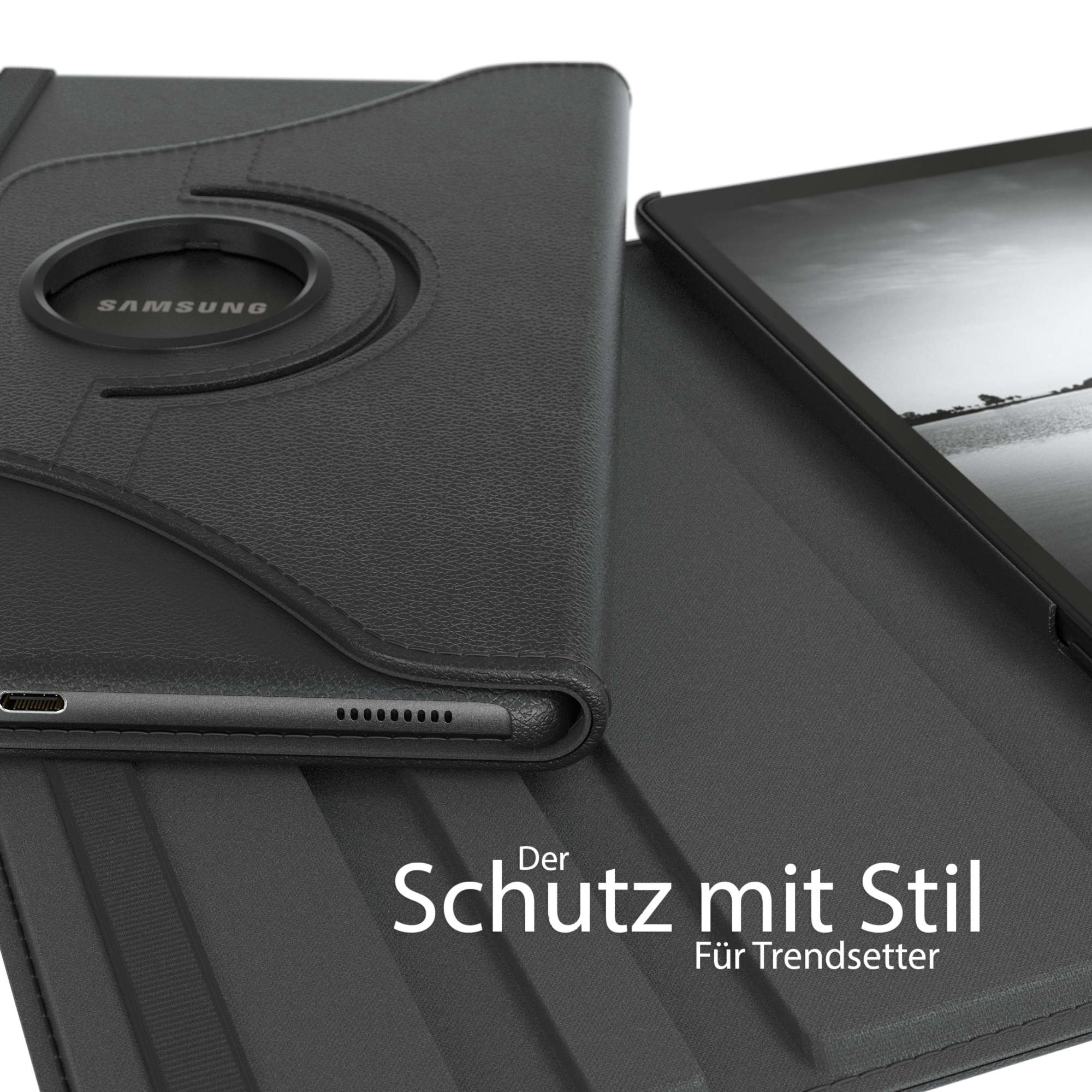Schwarze Tablet-Hülle mit drehbarem Sockel. Text: Schutz mit Stil.