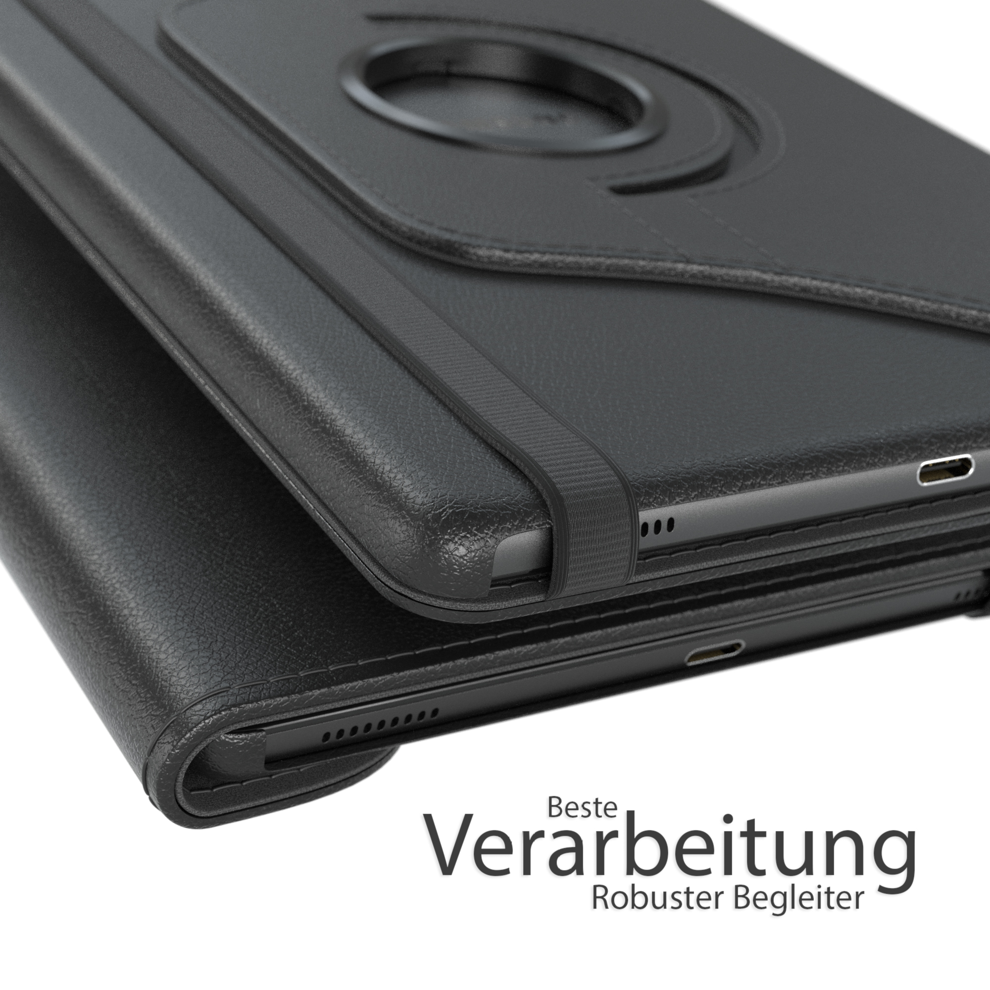 Nahaufnahme einer schwarzen Tablethülle, die Design und Details hervorhebt.