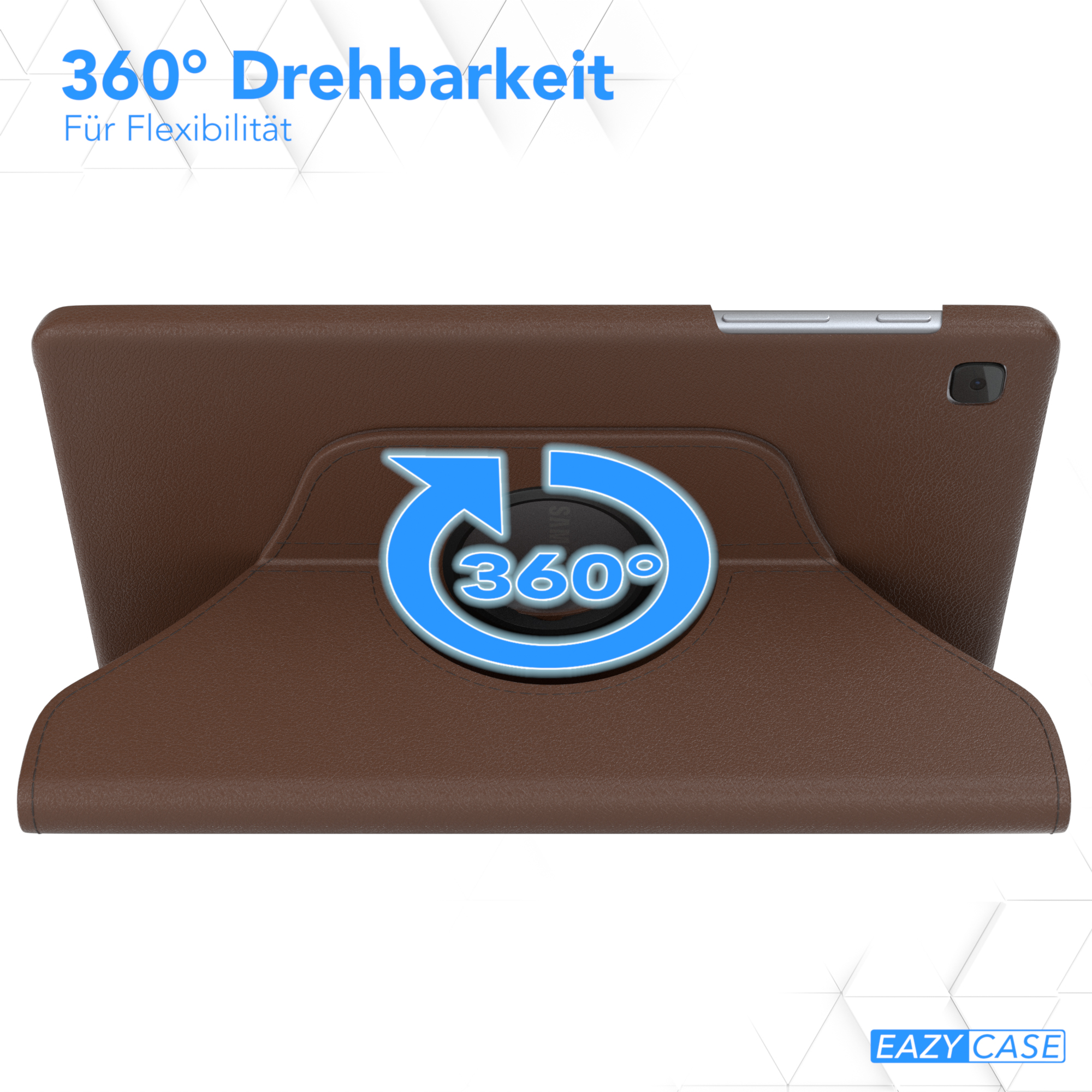 Braune Tablethülle mit einem 360°-Drehsymbol. Text: 360° Drehbarkeit. Für Flexibilität.
