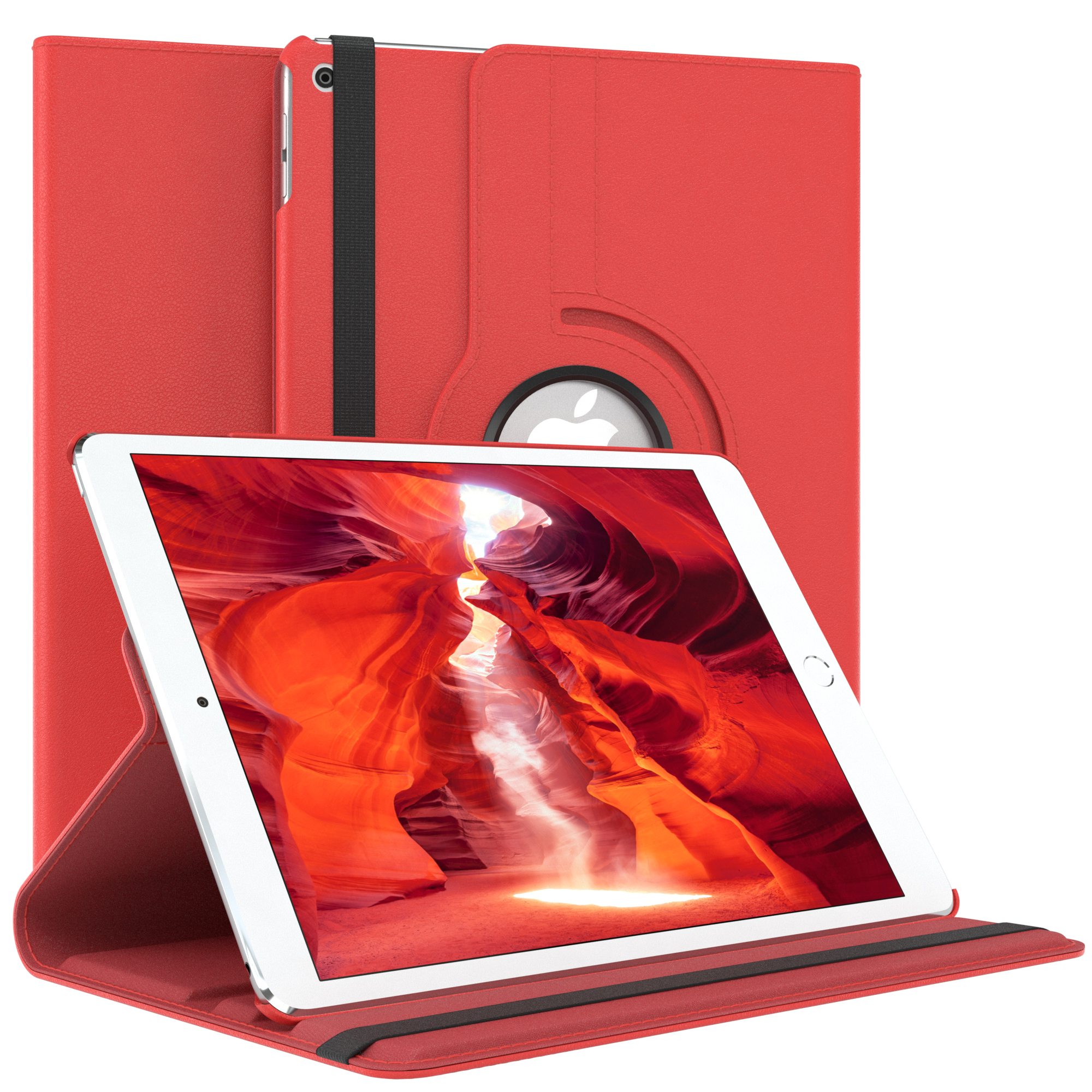 Rotes Tablet in Hülle, aufgestellt. Der Bildschirm zeigt einen Canyon.