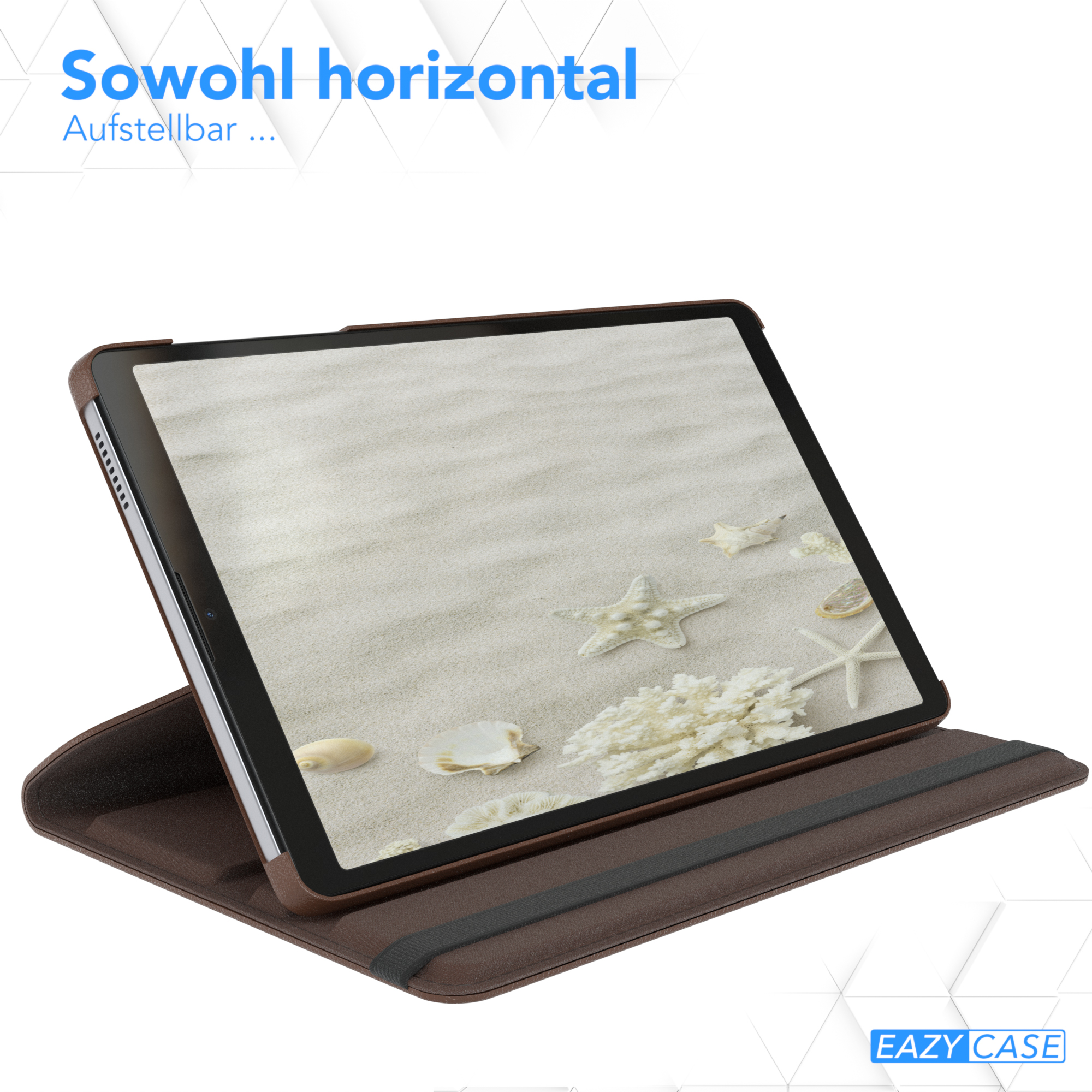 Ein Tablet in brauner Hülle, horizontal aufgestellt. Eine Strandszene mit Muscheln ist auf dem Bildschirm.