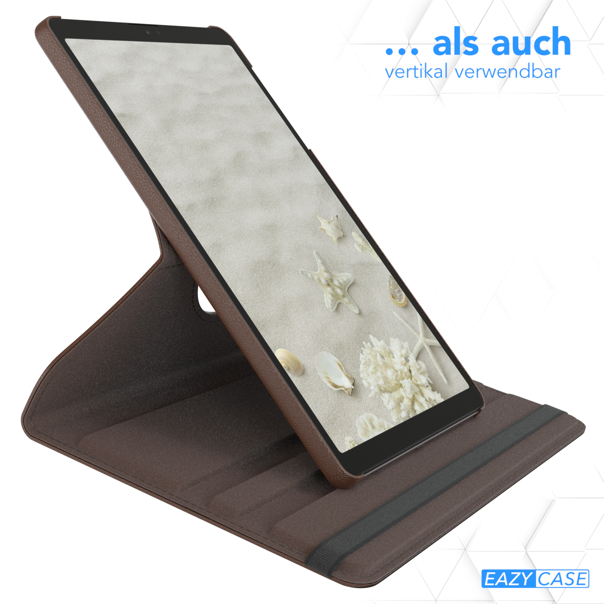 Tablet in brauner Hülle, hochgestellt. Hintergrund zeigt Sand, Muscheln und Seesterne. Text oben.