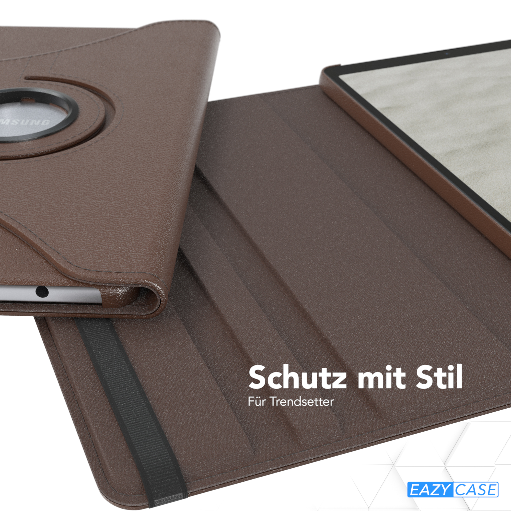 Braune Tablet-Hülle mit Drehfunktion, Nahaufnahme.