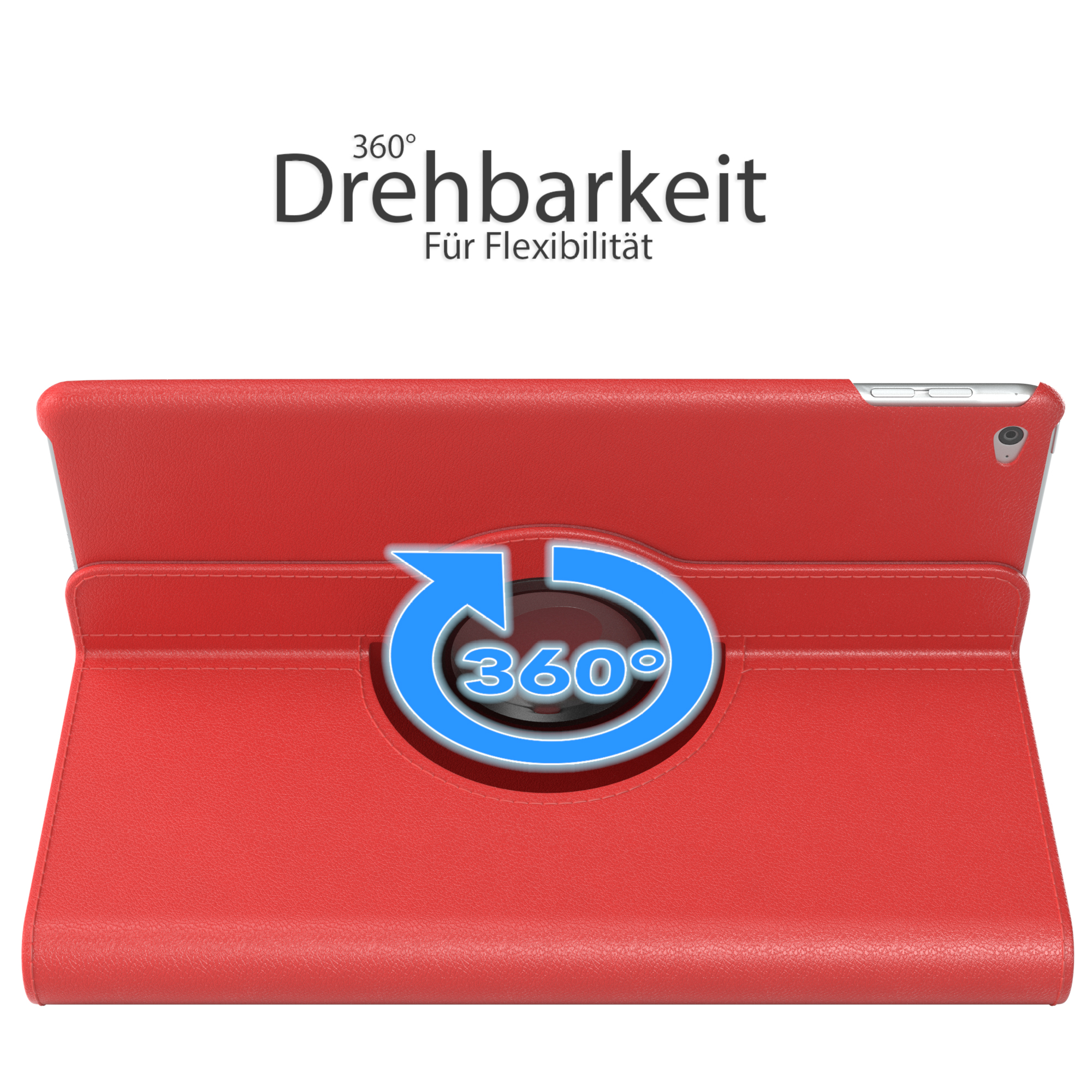 Rote Tablethülle mit 360-Grad-Drehsymbol. Über dem Text steht 'Drehbarkeit' und 'Für Flexibilität'.
