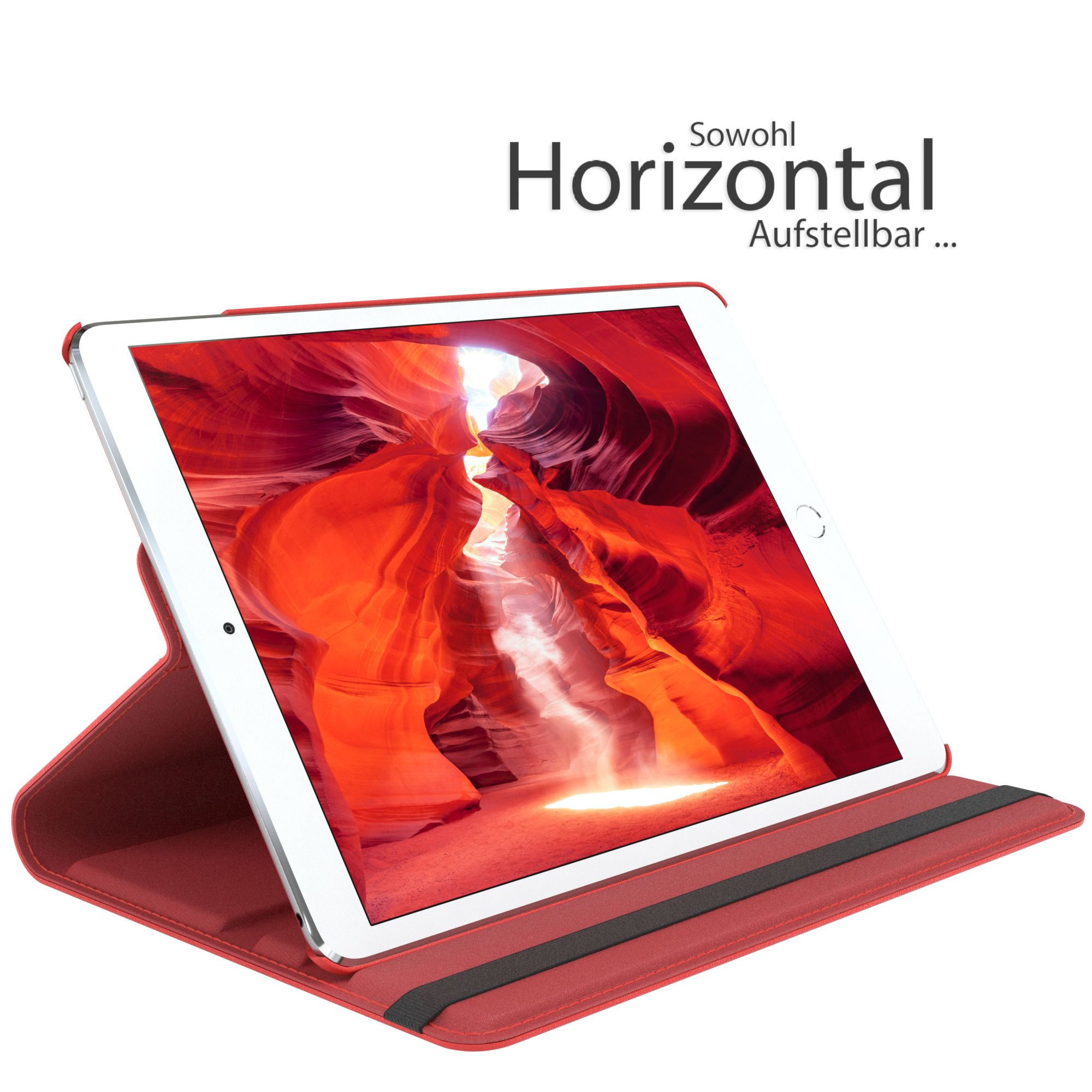 Rote Tablet-Hülle mit Tablet, das eine Canyon-Bild zeigt; sagt 'horizontal' auf Deutsch.