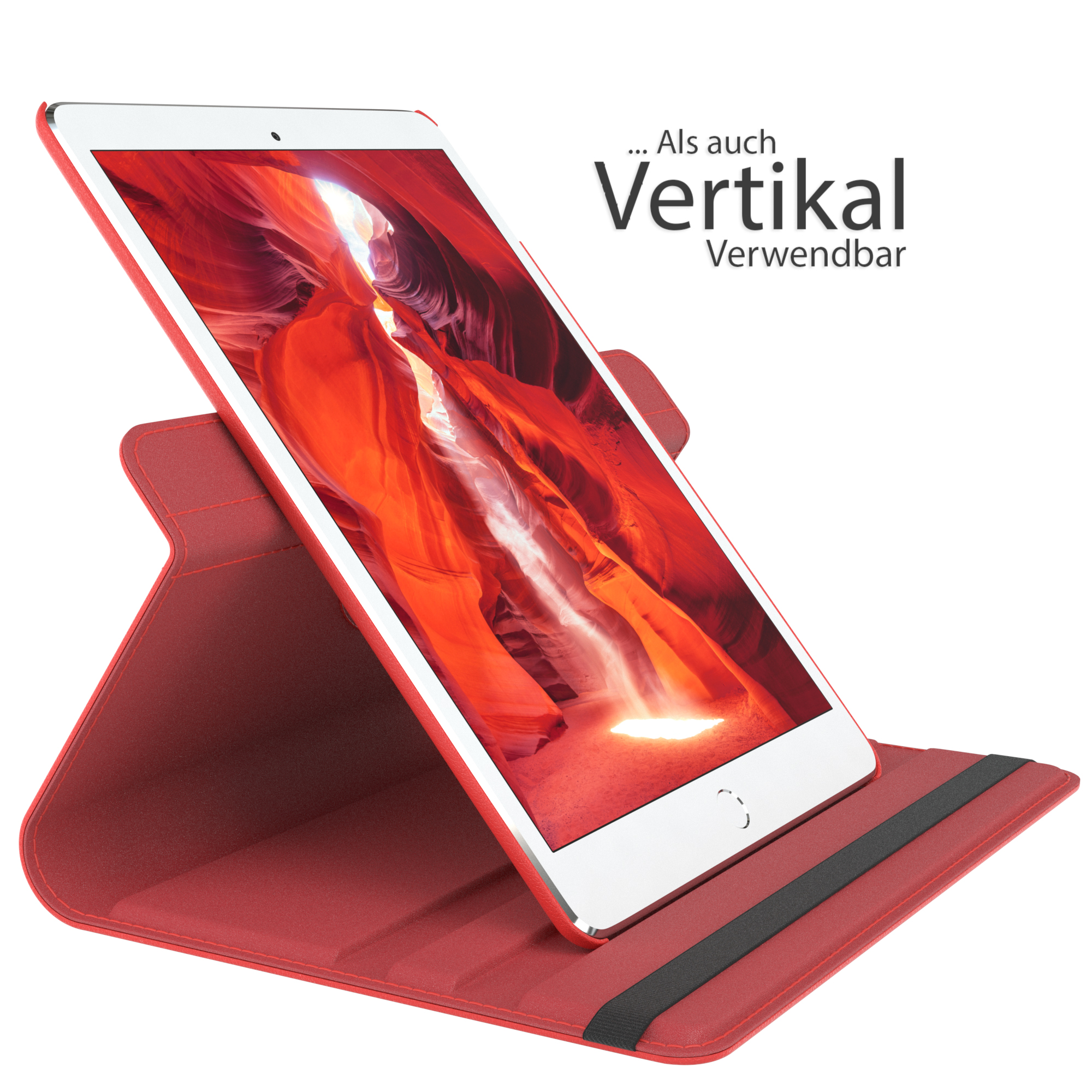 Rotes Tablet in rotem Gehäuse, zeigt rote Canyon-Szene, nach oben geneigt.