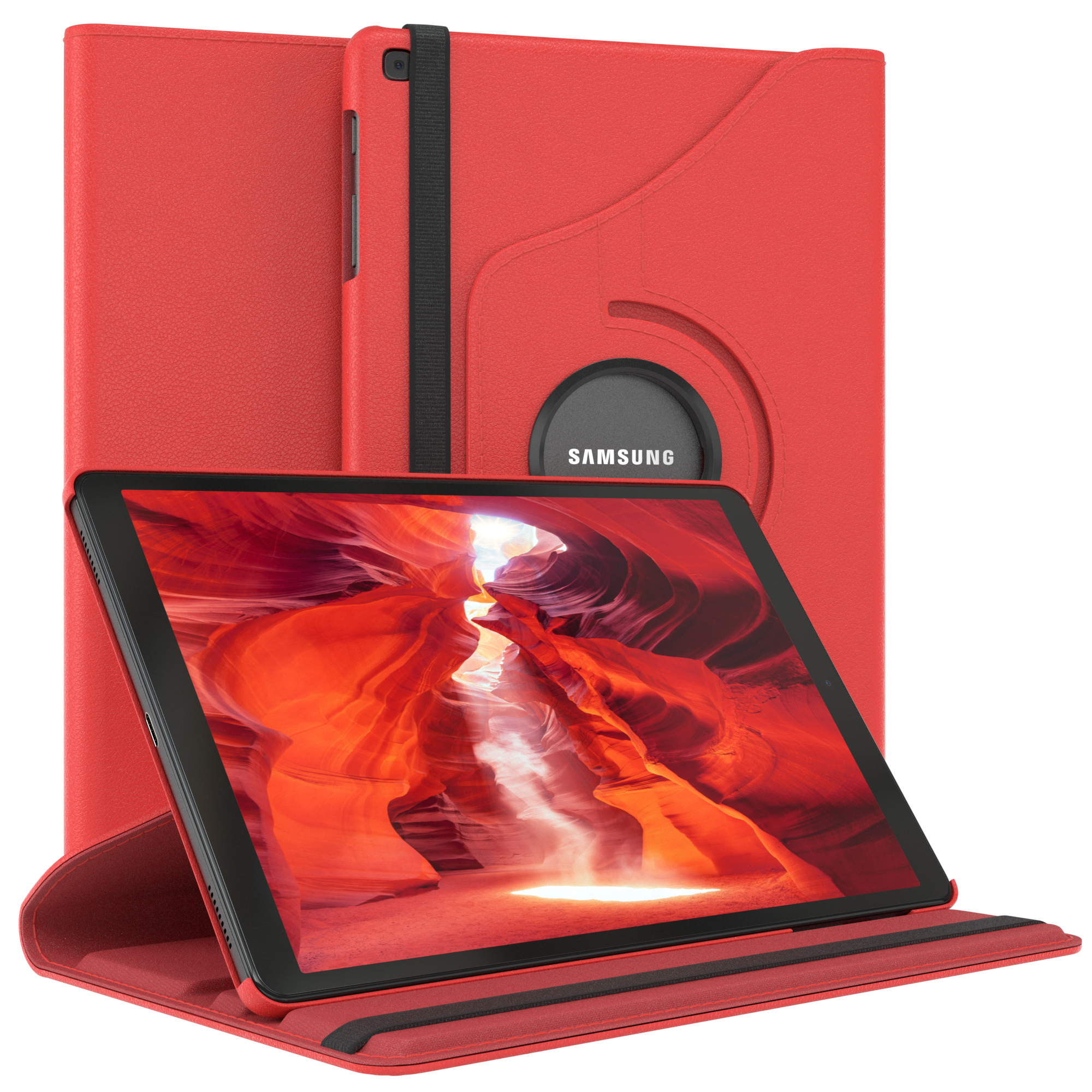Rotes Tablet in roter Hülle. Ein Tablet wird vorne angezeigt. Die Hülle ist offen.