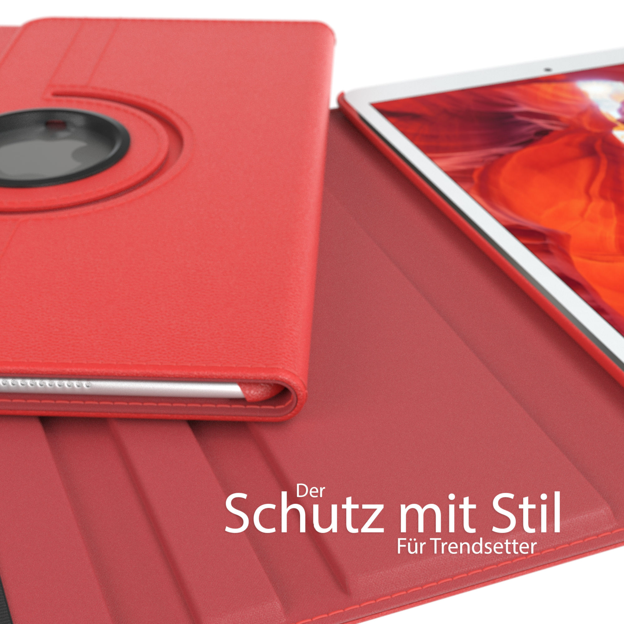 Rote Tablethülle mit einem Tablet darin.