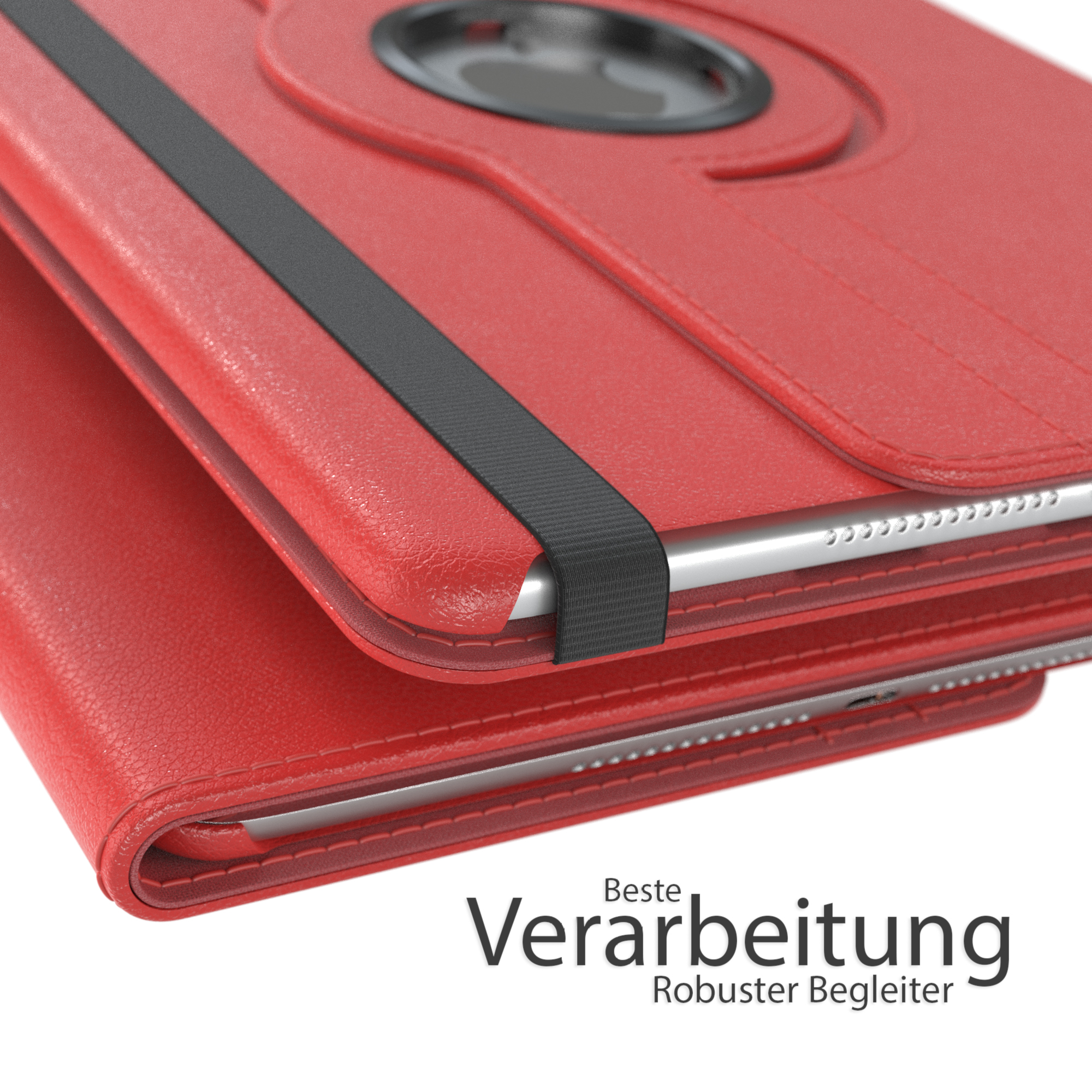 Rote Tablethülle mit schwarzem Riemen, liegt auf einem Holztisch.