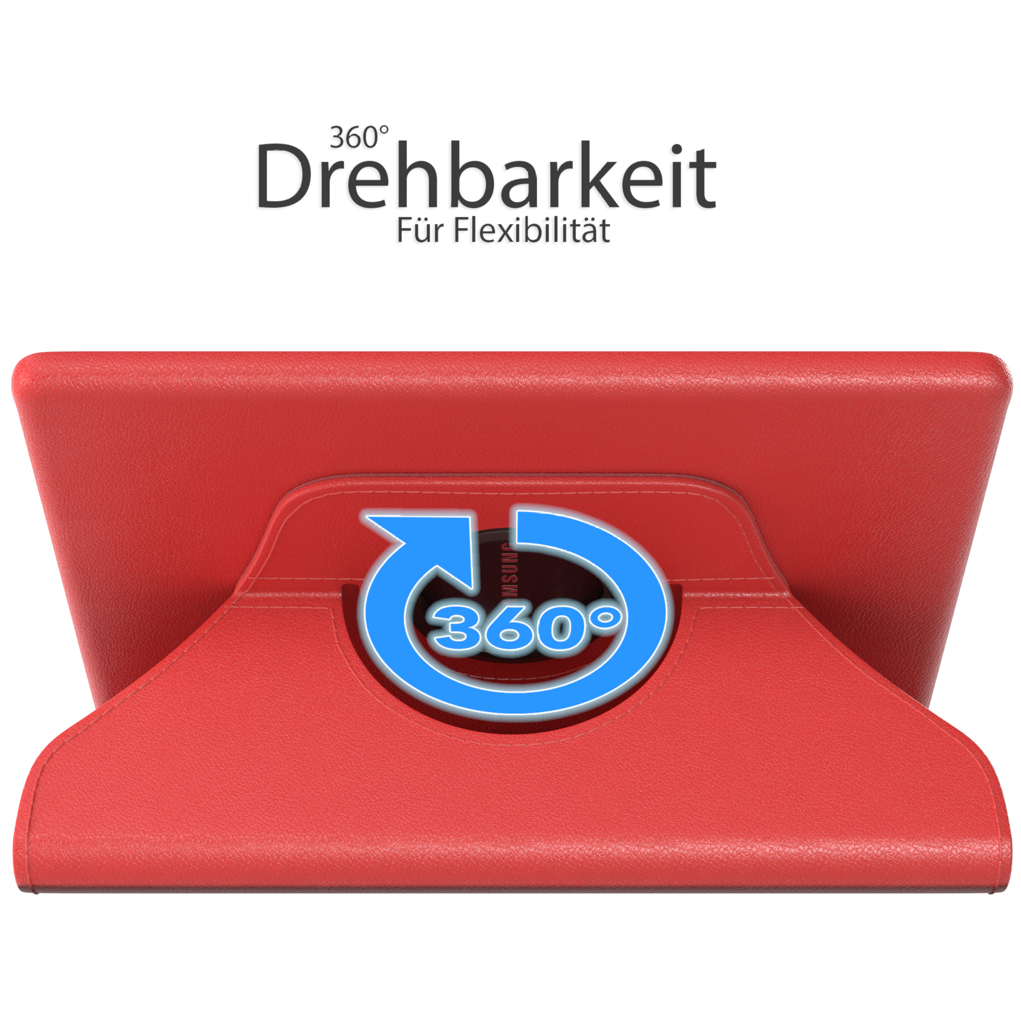 Rote Tablethülle mit drehbarem Ständer. Blauer Pfeil mit 360-Grad-Symbol.