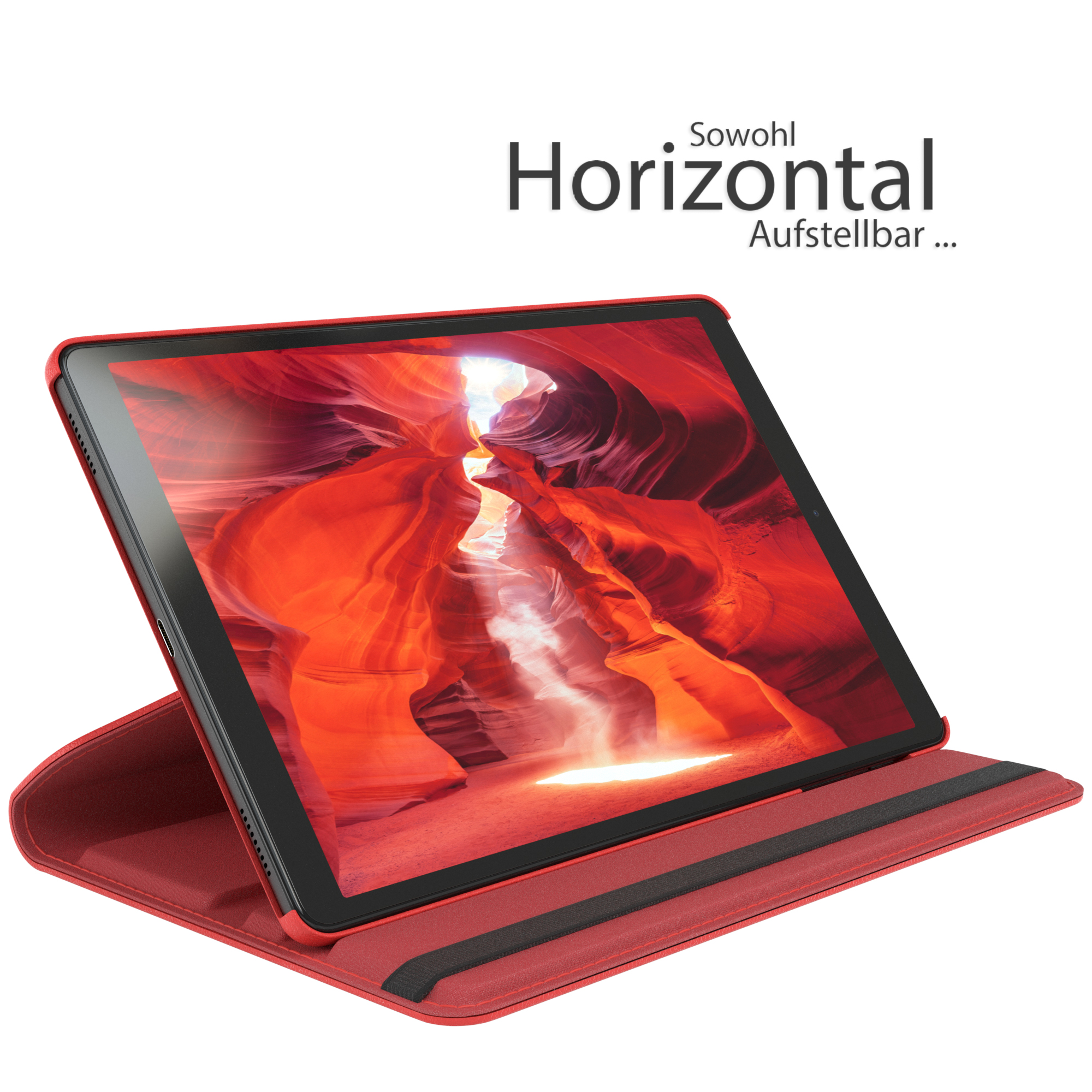Ein rotes Tablet in einem Gehäuse, das einen Canyon zeigt. Das Gehäuse ist offen und abgewinkelt.