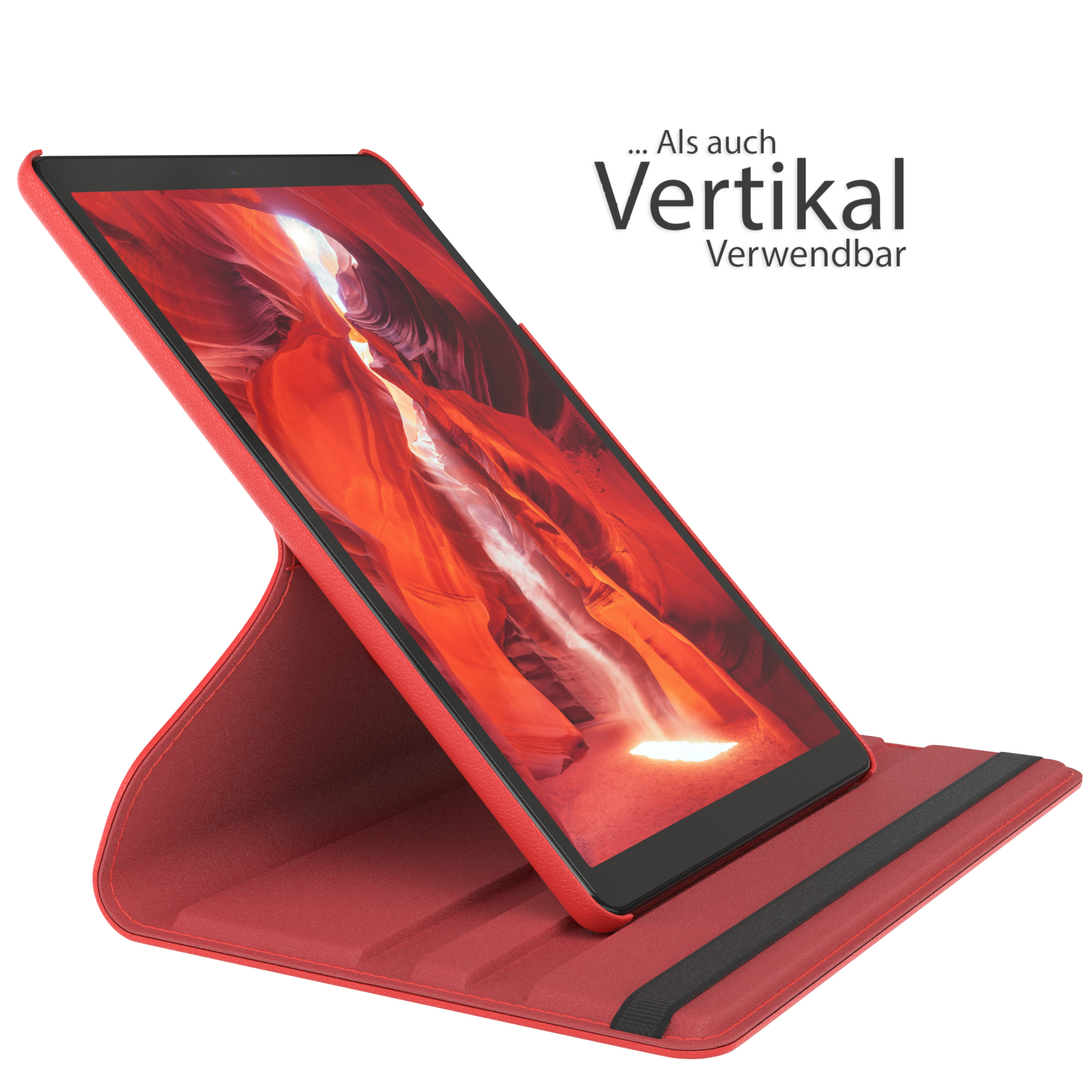 Rotes Tablet auf einem Ständer. Der Bildschirm zeigt eine Landschaft. Text: 'Vertikal nutzbar'.