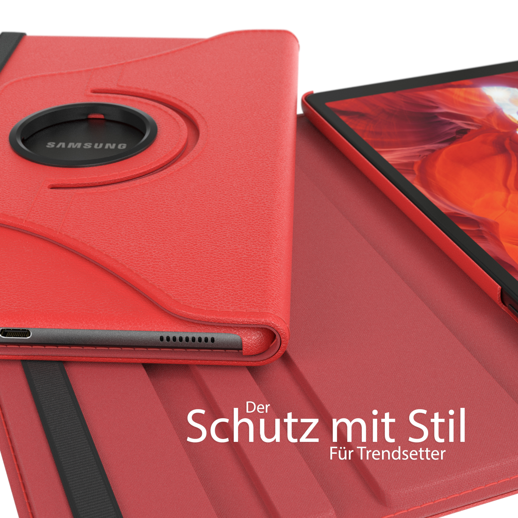 Tablethülle, rot, offen. Samsung-Logo auf schwarzem Drehscharnier. Rote Hülle, schwarzer Riemen.