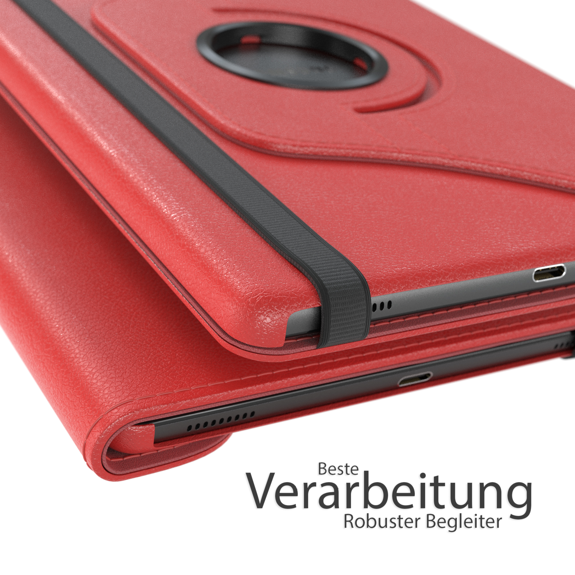 Rote Tablethülle Nahaufnahme. Zeigt das Material, die Kanten und die Rückseite. Das Produkt ist eine Hülle.