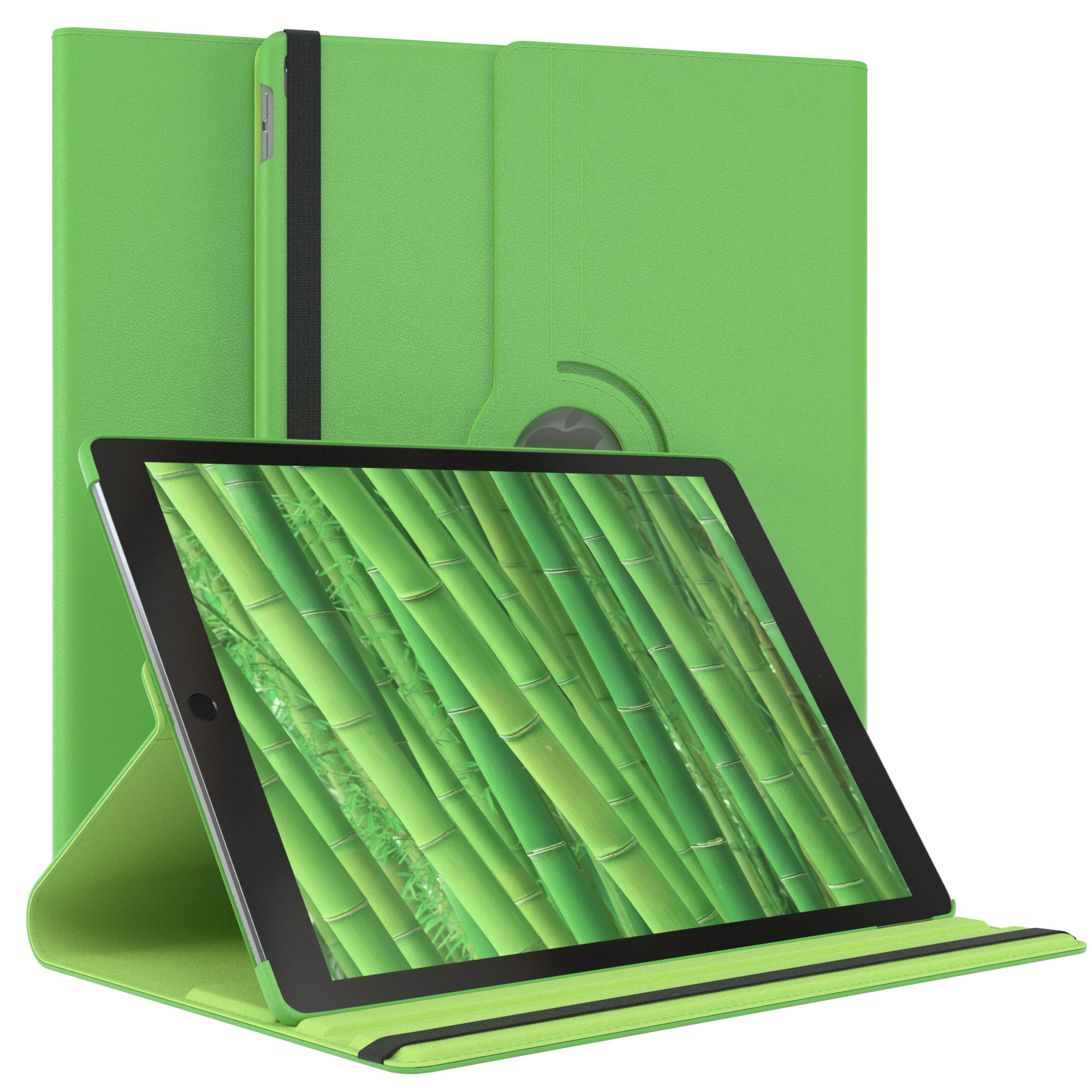 Grüne Tablethülle mit Tablet, das einen Bambuswald zeigt. Ein Case ist geöffnet.