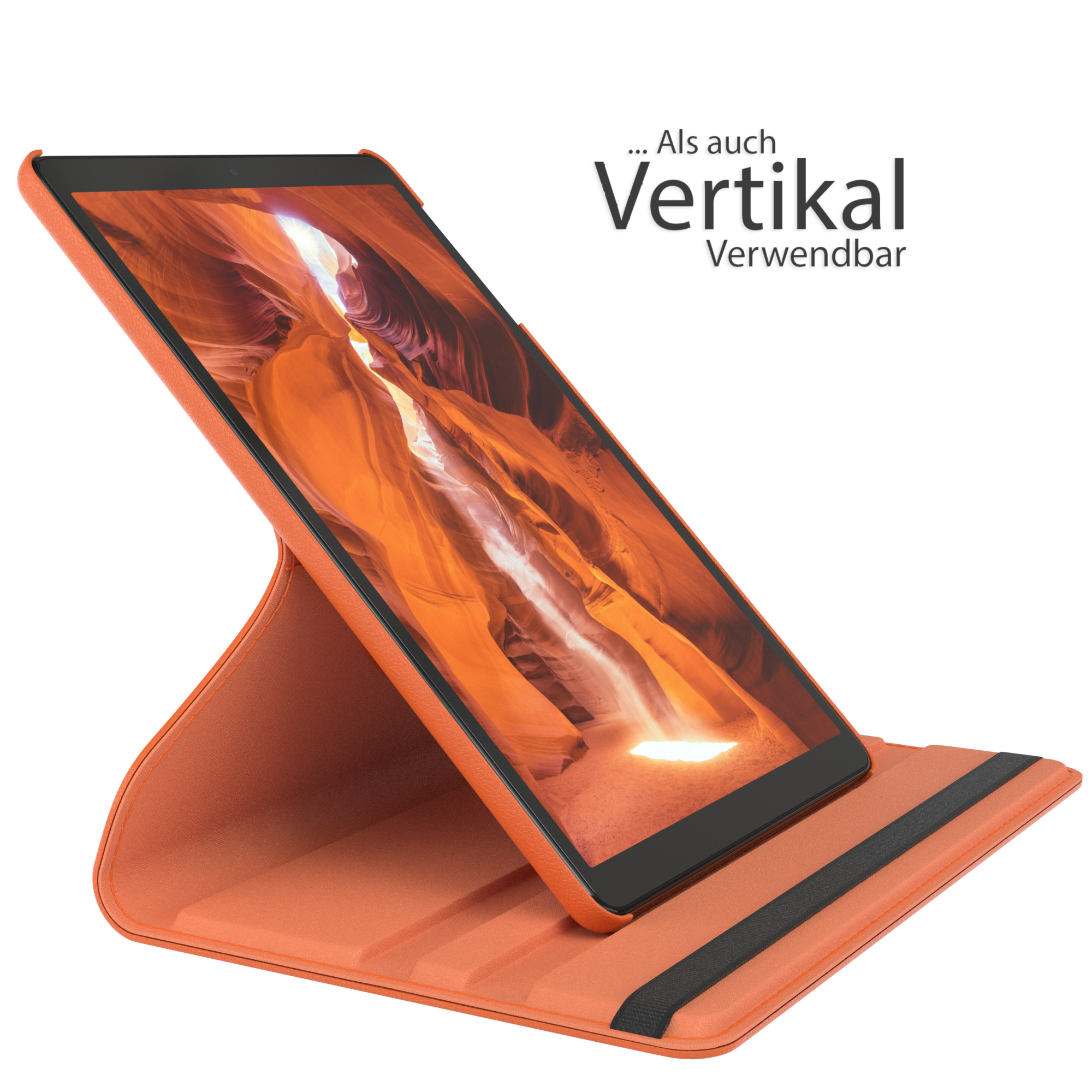 Orange Tablet-Hülle mit Tablet, das ein Canyon-Bild zeigt; sagt 'vertikal' auf Deutsch.