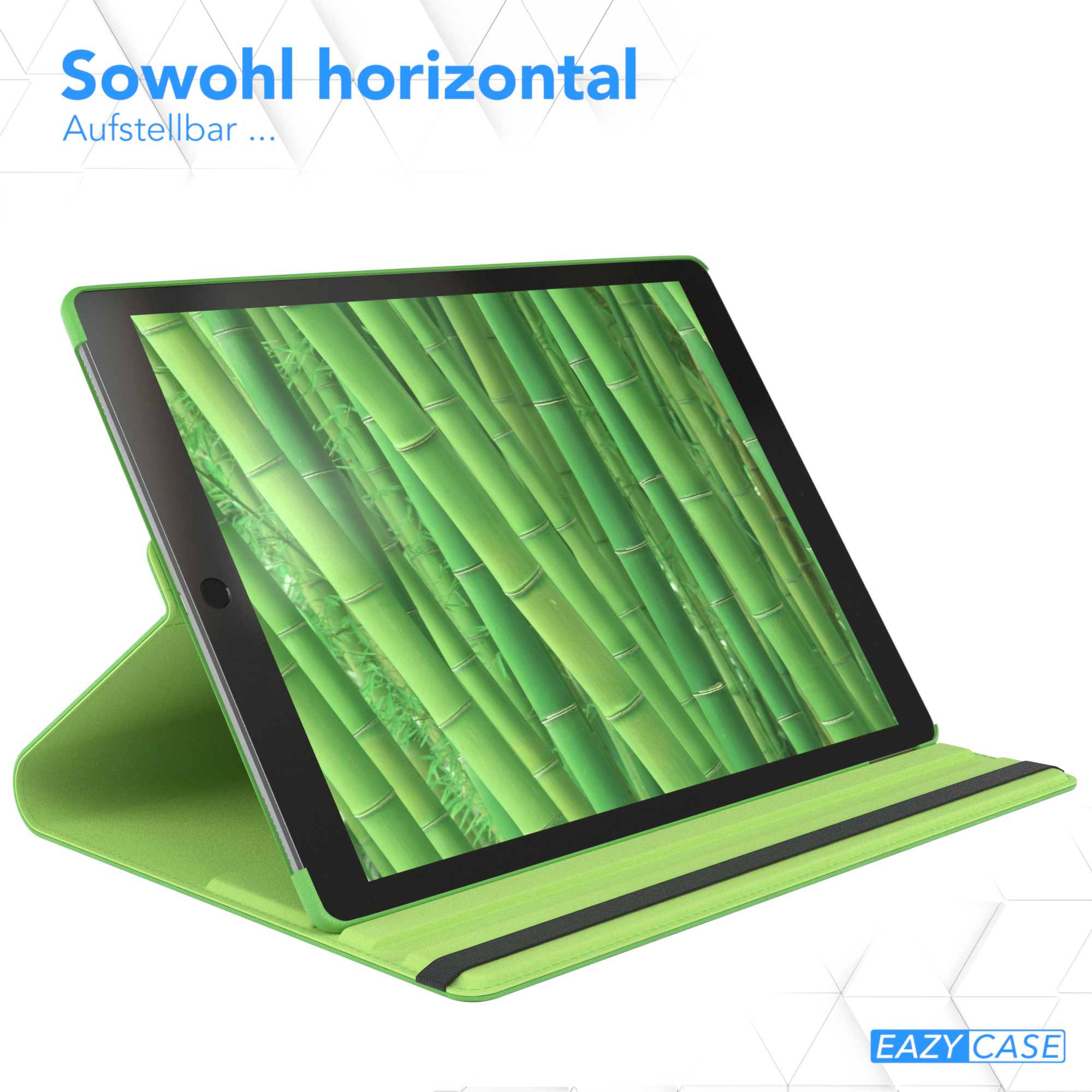 Grüne Tablethülle mit Tablet. Text: Sowohl horizontal, Aufstellbar... Bambuswald Hintergrund.