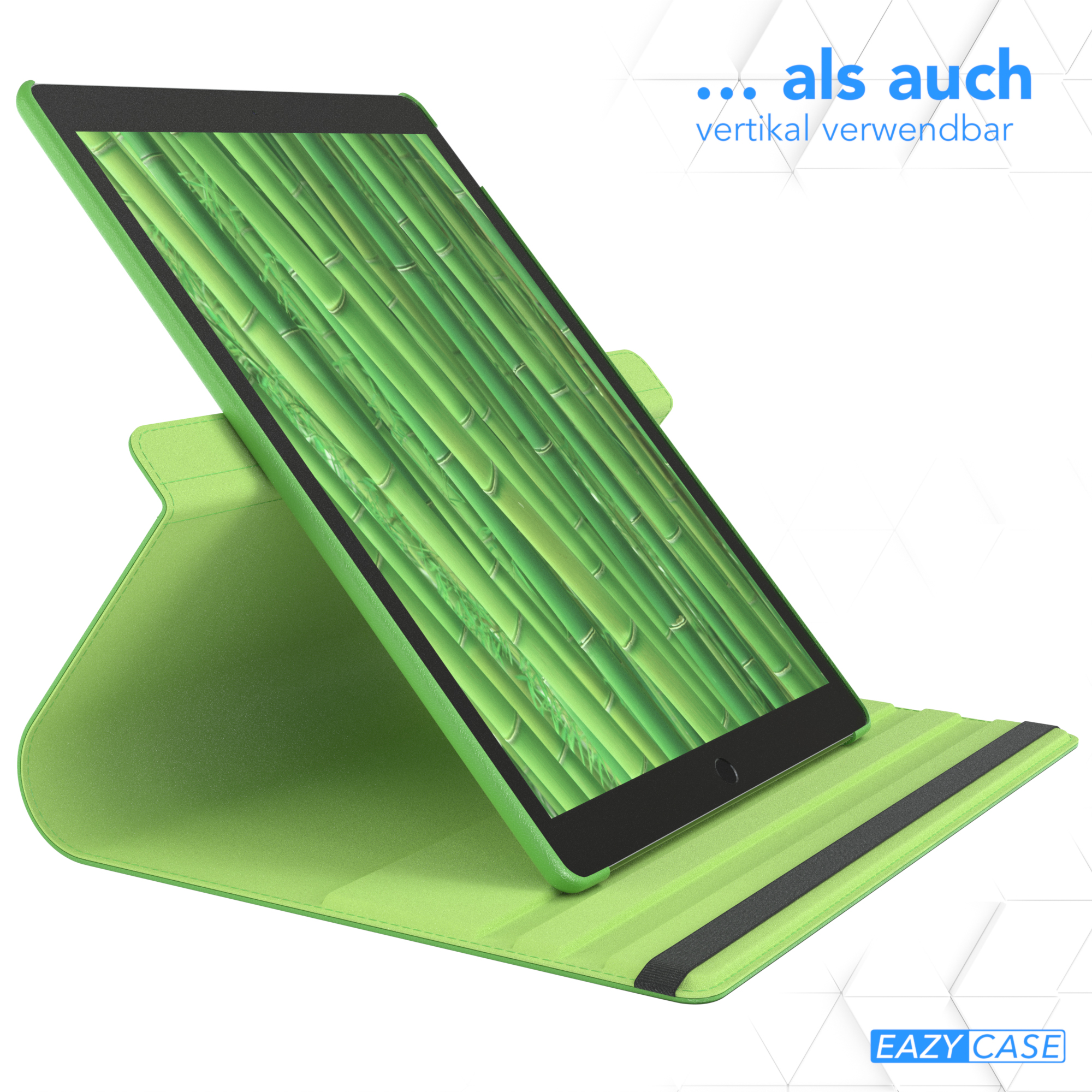 Grünes Tablet in einer grünen Hülle, angewinkelt auf weißer Oberfläche.