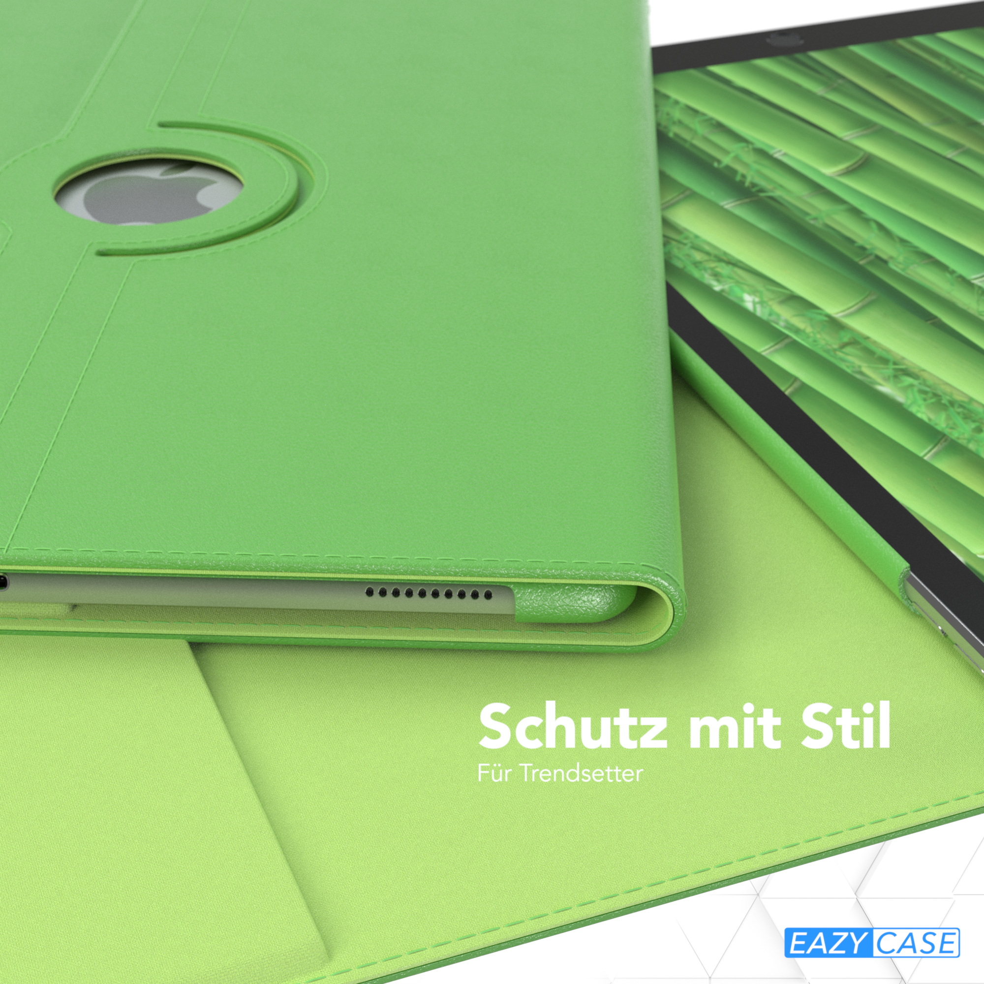 Eine grüne Tablet-Hülle, offen, mit Tablet darin.