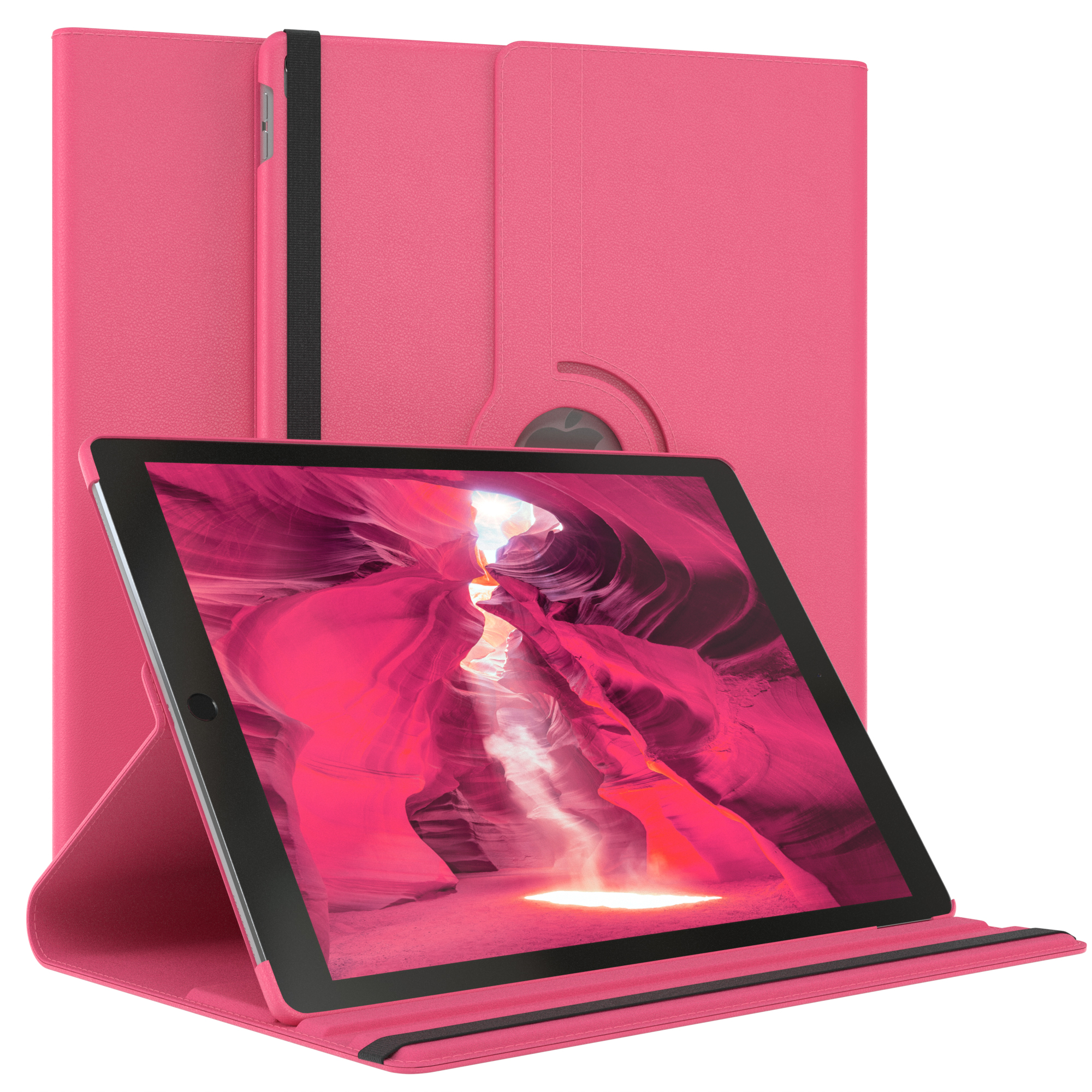 Rosa Tablet in einer Hülle mit einer Schluchtszene auf dem Bildschirm. Die Hülle ist auch rosa.