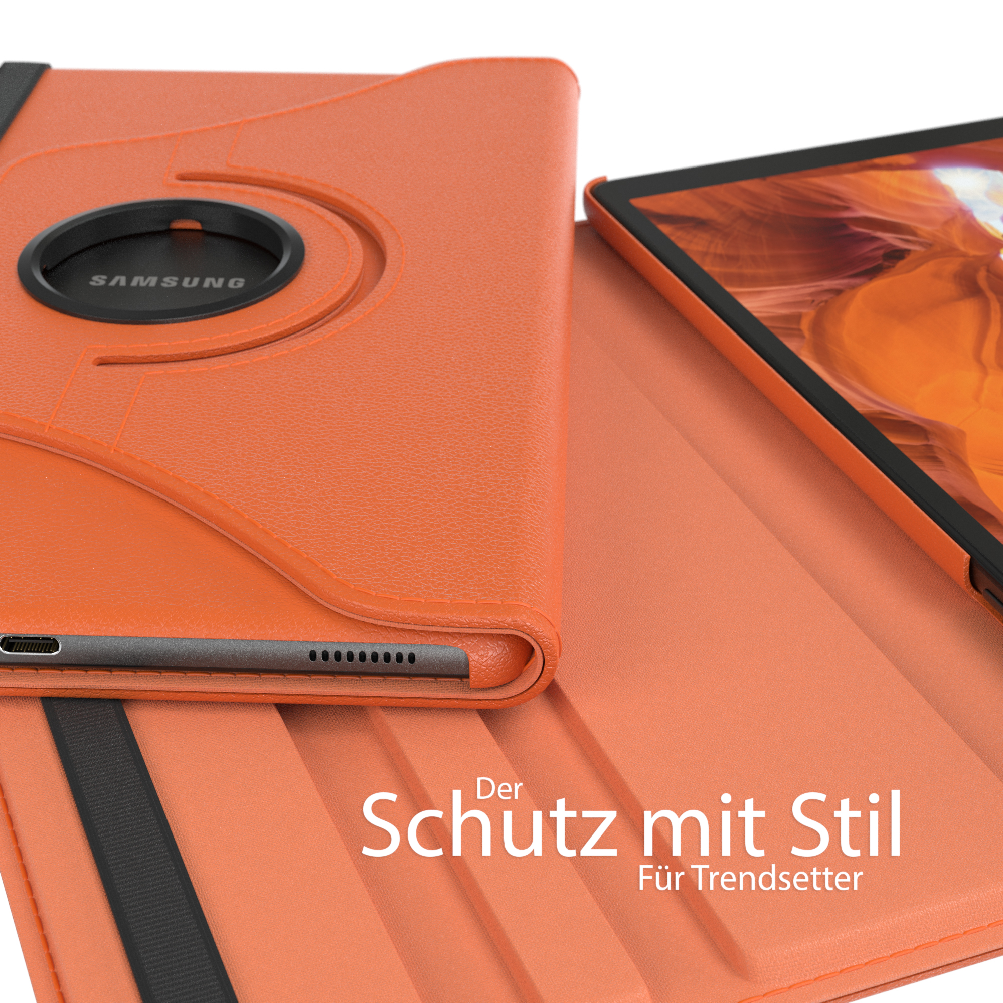 Orangefarbene Tablethülle. Es ist eine Hülle mit dem Markennamen Samsung. Produkt ist eine Hülle mit Stil.
