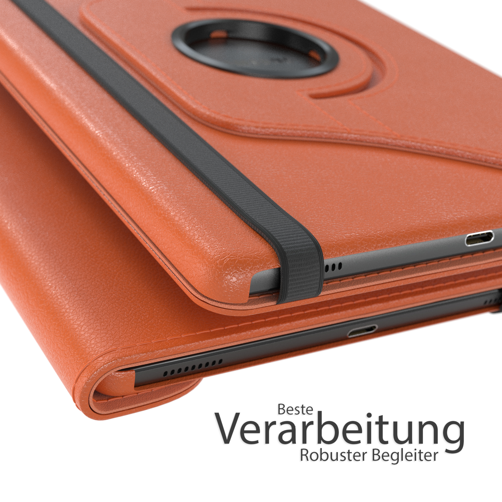Orangefarbene Tablethülle mit schwarzem Band. Text: 'Beste Verarbeitung, Robuster Begleiter'.