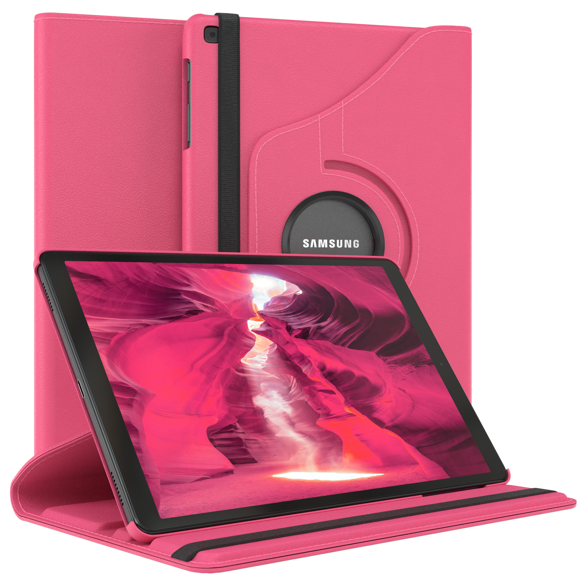 Rosa Tablet in rosa Hülle. Das Tablet zeigt eine rosa Canyon-Szene.