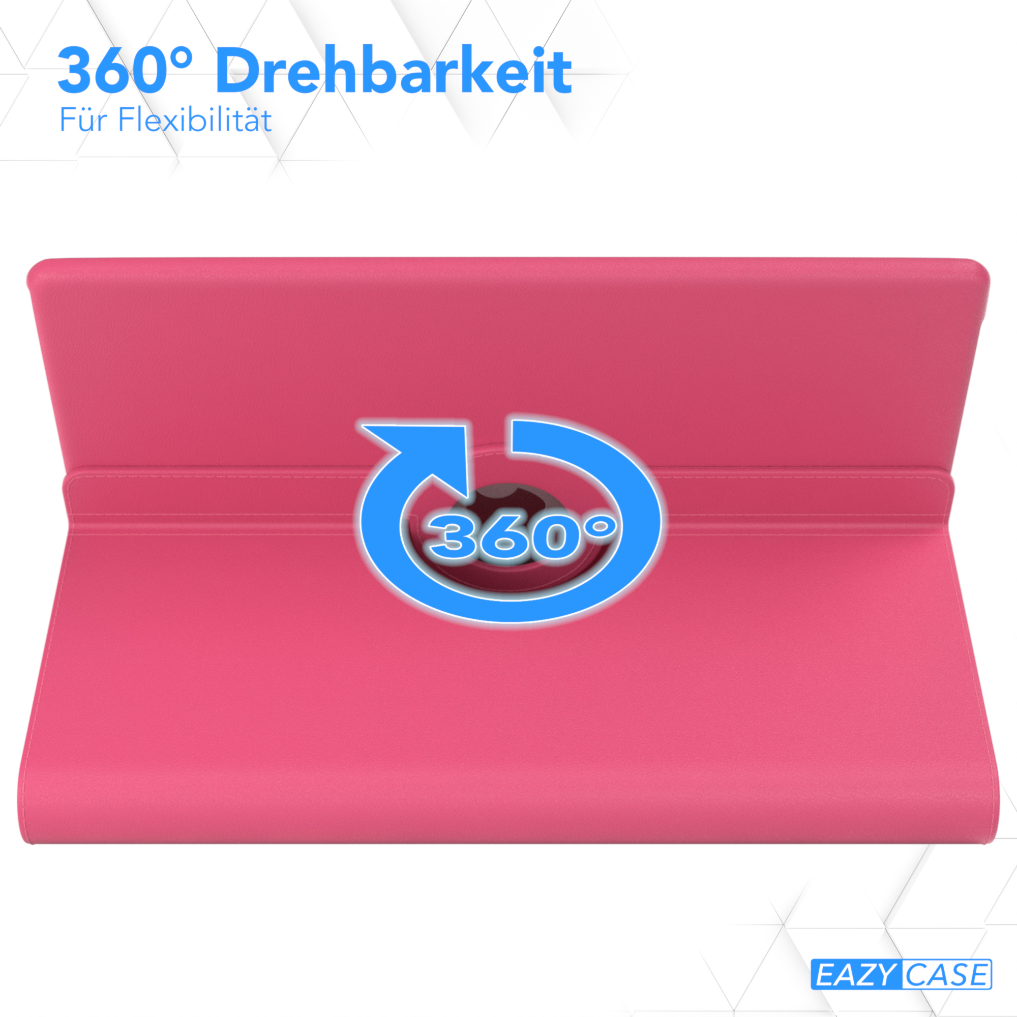 Pinkfarbene iPad-Hülle geöffnet mit 360-Grad-Drehfunktion. Der Hintergrund ist hellblau.