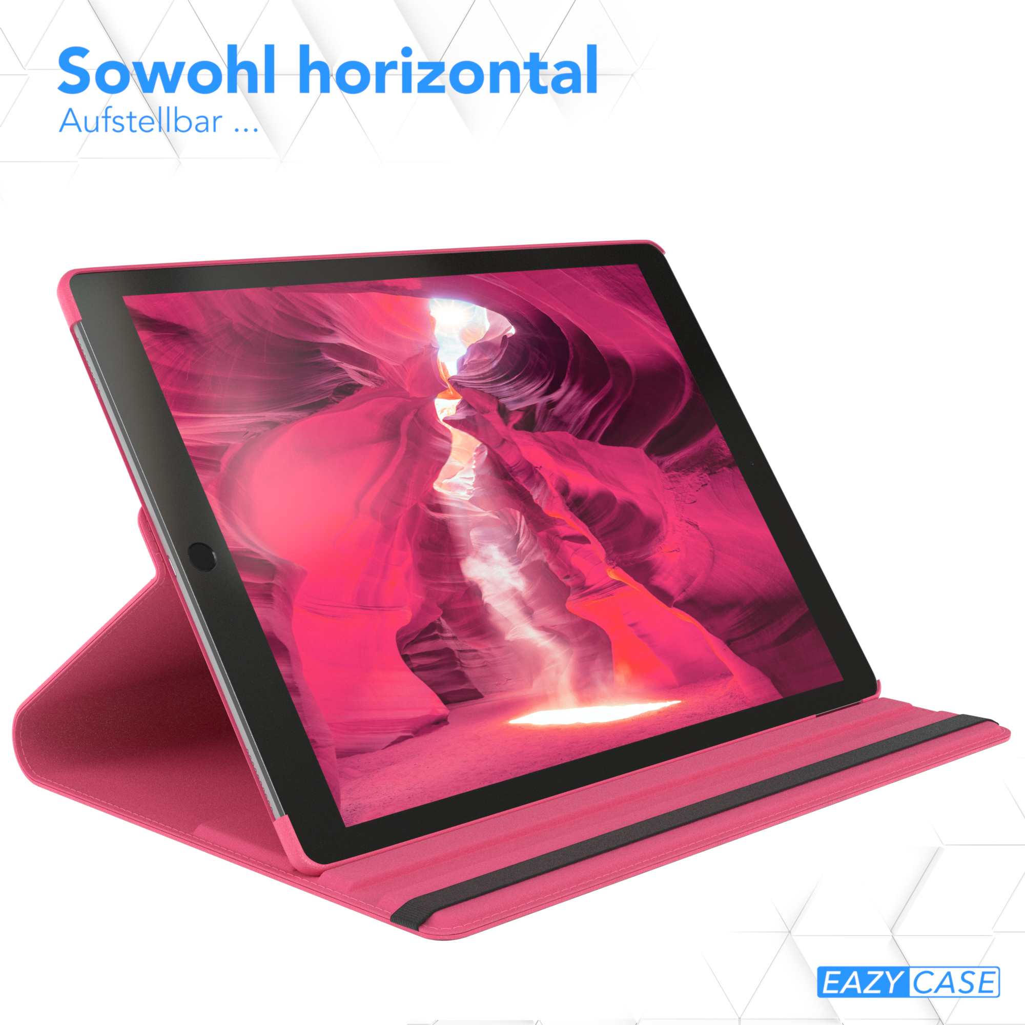 Rosa Tablethülle mit Tablet innen. Die Hülle ist offen und zeigt den Tabletschirm und das Innere.