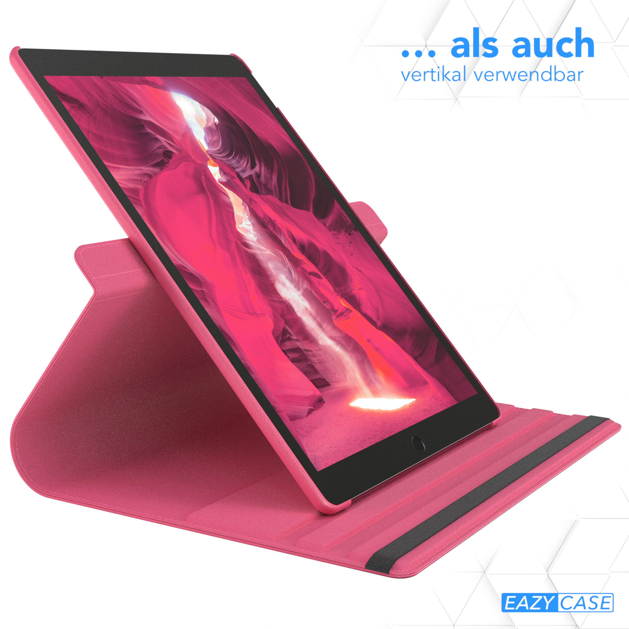 Tablet in rosa Hülle aufgestellt. Der Bildschirm zeigt einen rosa Hintergrund.
