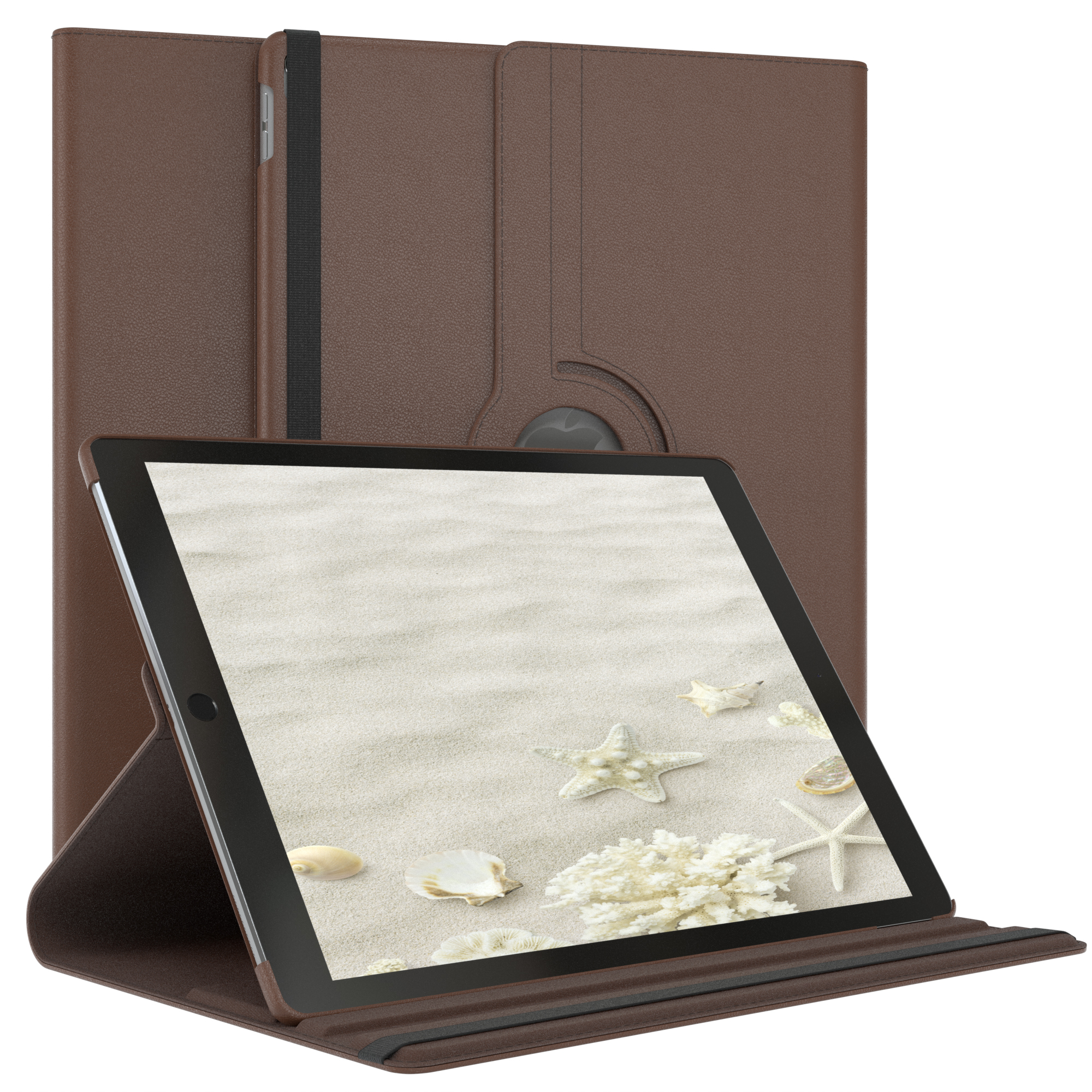 Ein braunes Tablet in einer braunen Hülle. Das Tablet zeigt eine Strandszene mit Muscheln.
