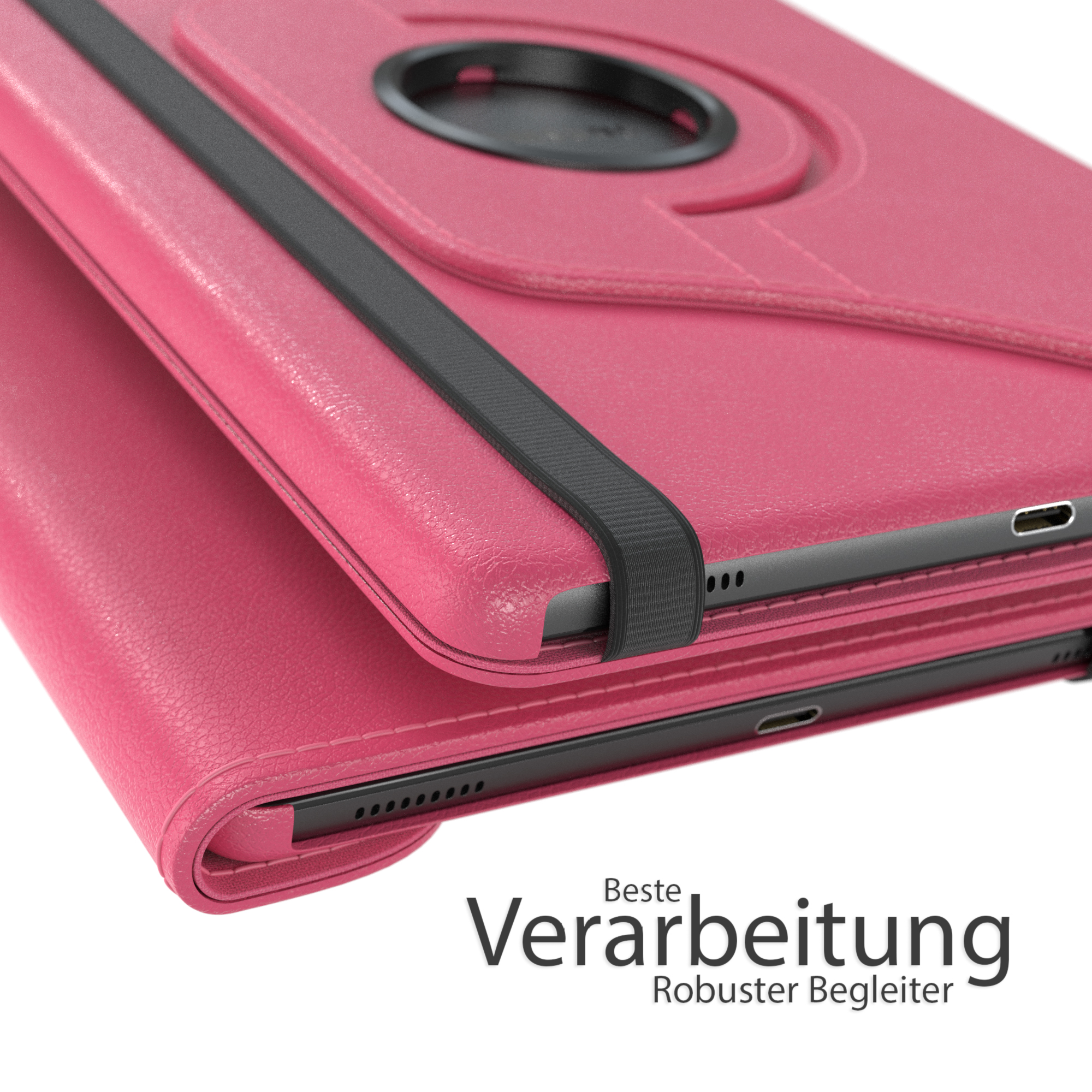 Rosa Tablet-Hülle, mit Gummiband und Text. Best Verarbeitung, Robuster Begleiter. Weißer Hintergrund.