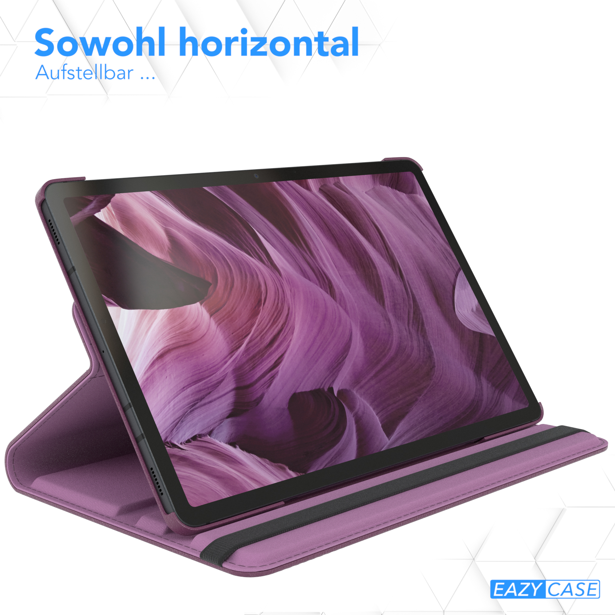 Lila Tablet-Case, Tablet darin. Das Case hat eine horizontale Standfunktion, Canyon-Bild.