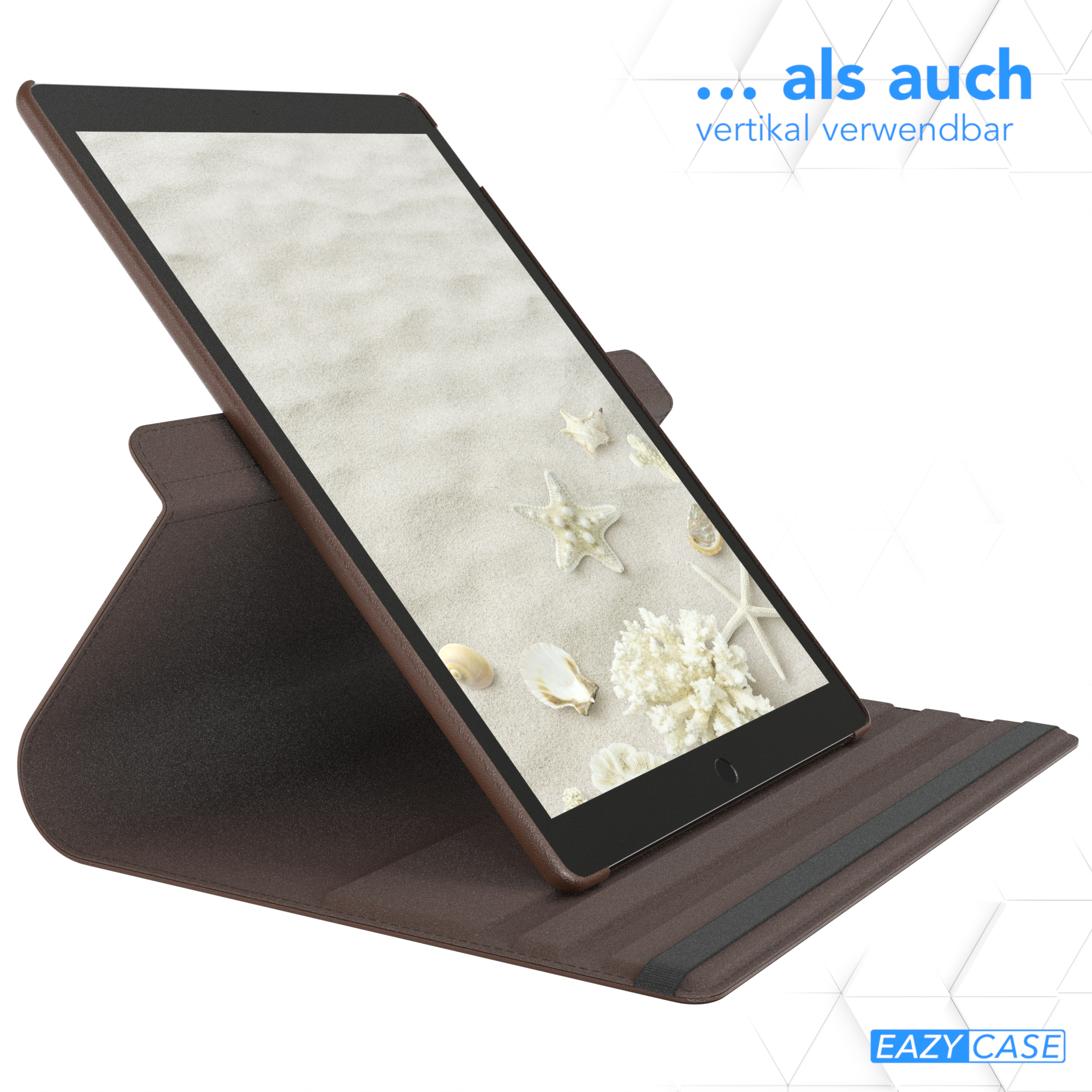 Tablet in brauner Hülle aufgestellt. Der Bildschirm zeigt eine Strandszene mit Muscheln.