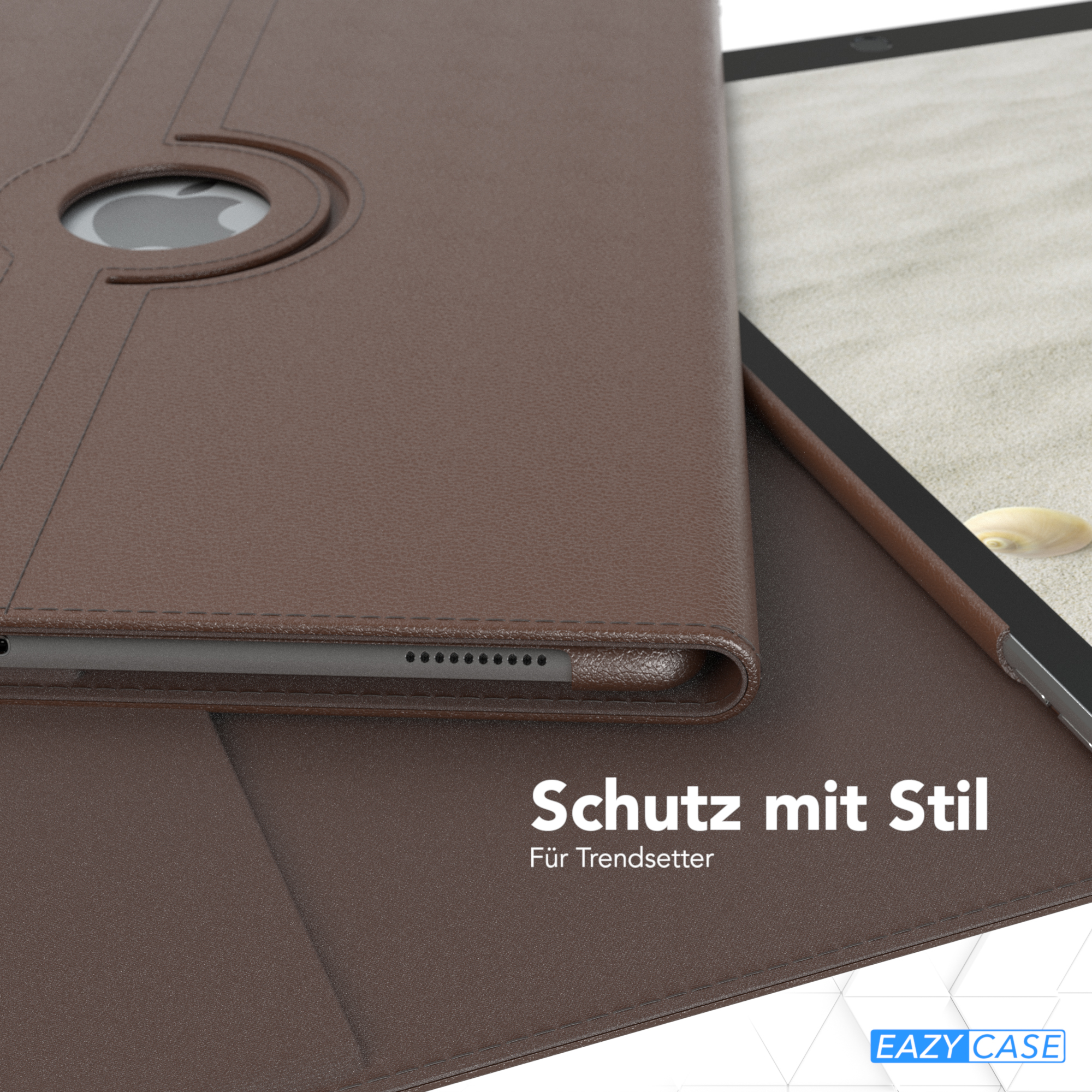 Braune Tablethülle. Die Hülle ist offen. Der Bildschirm des Tablets ist sichtbar.