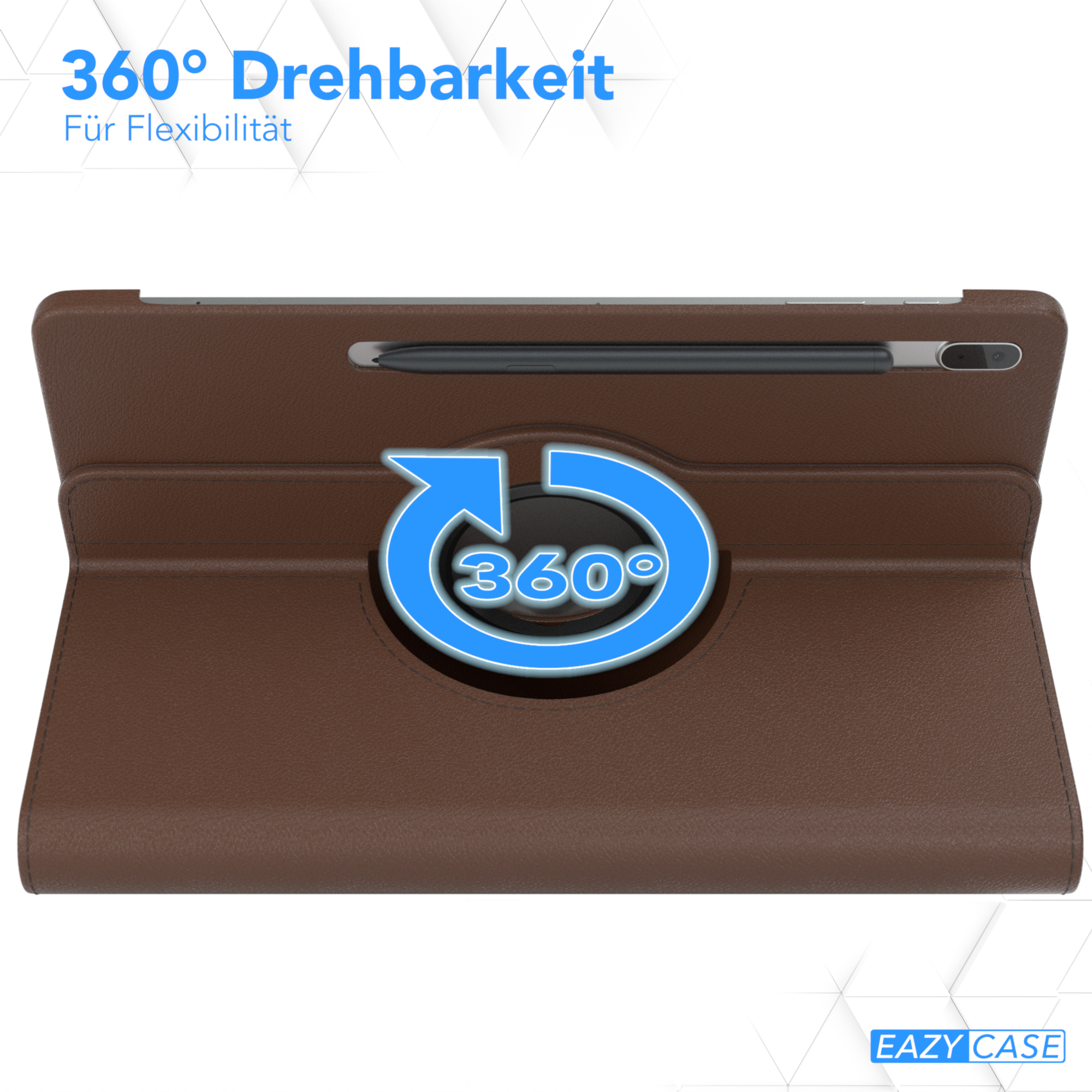 Braune Tablethülle mit Stift, zeigt 360-Grad-Drehung. Die Hülle ist offen und der Stift ist darin.