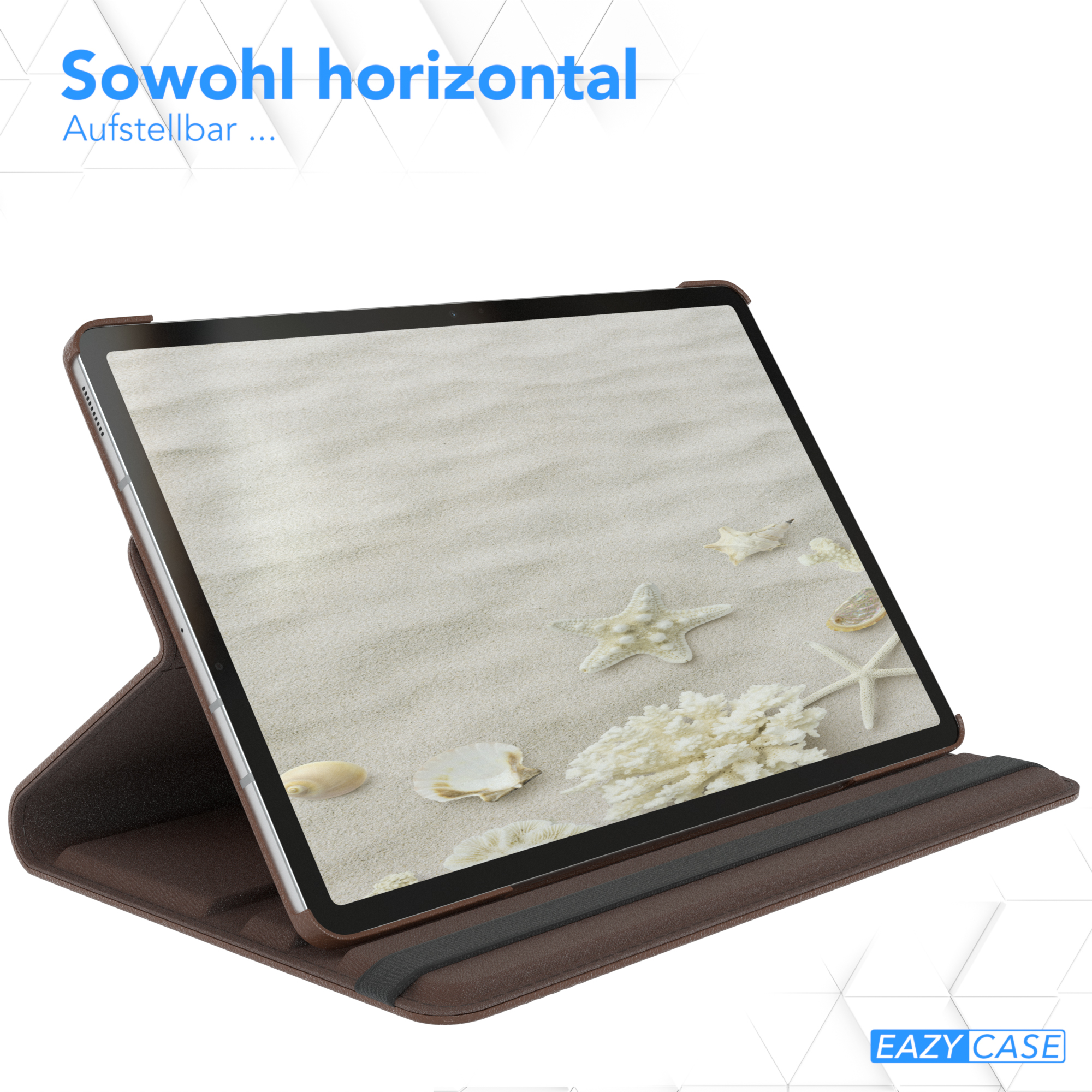 Tablet in brauner Hülle, aufgestellt. Eine Strandszene mit Muscheln wird auf dem Bildschirm angezeigt.