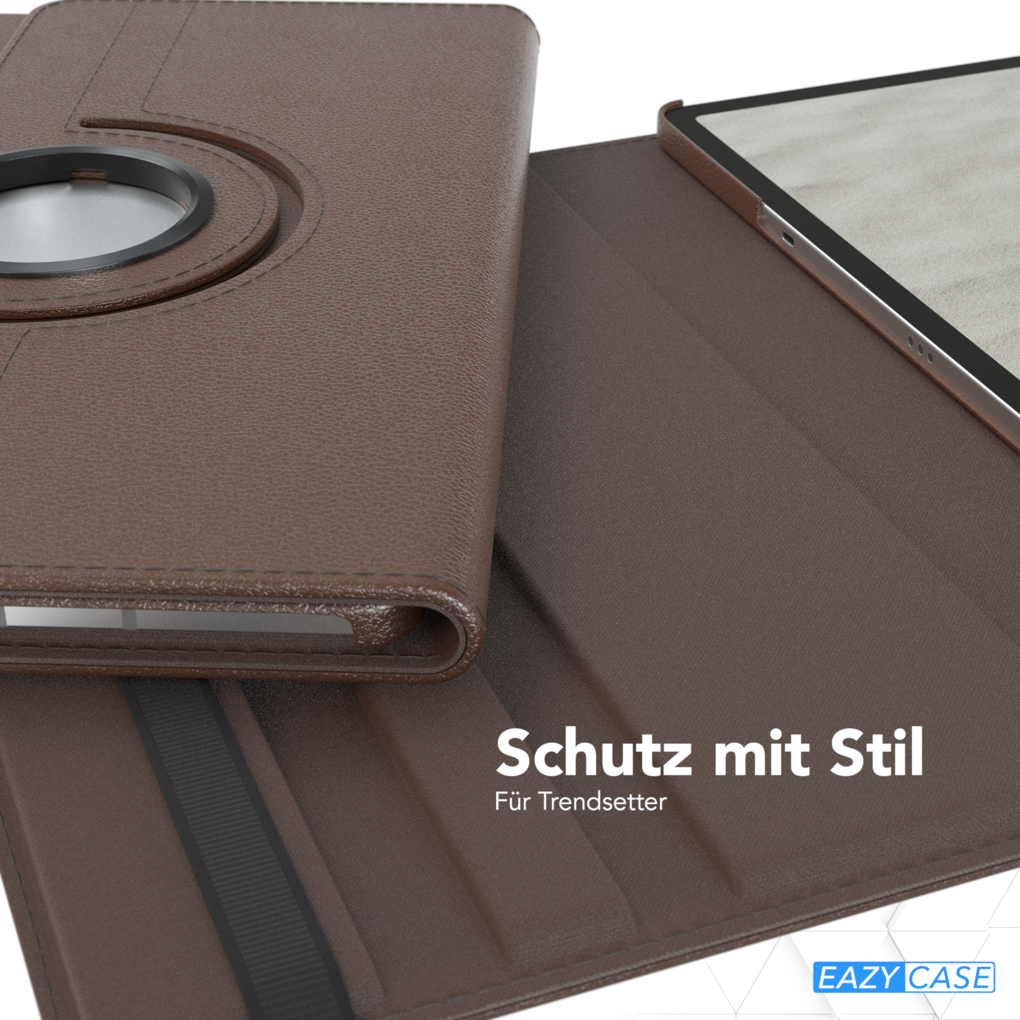Braune Tablethülle offen, zeigt ein Tablet. Text: Schutz mit Stil. Für Trendsetter.