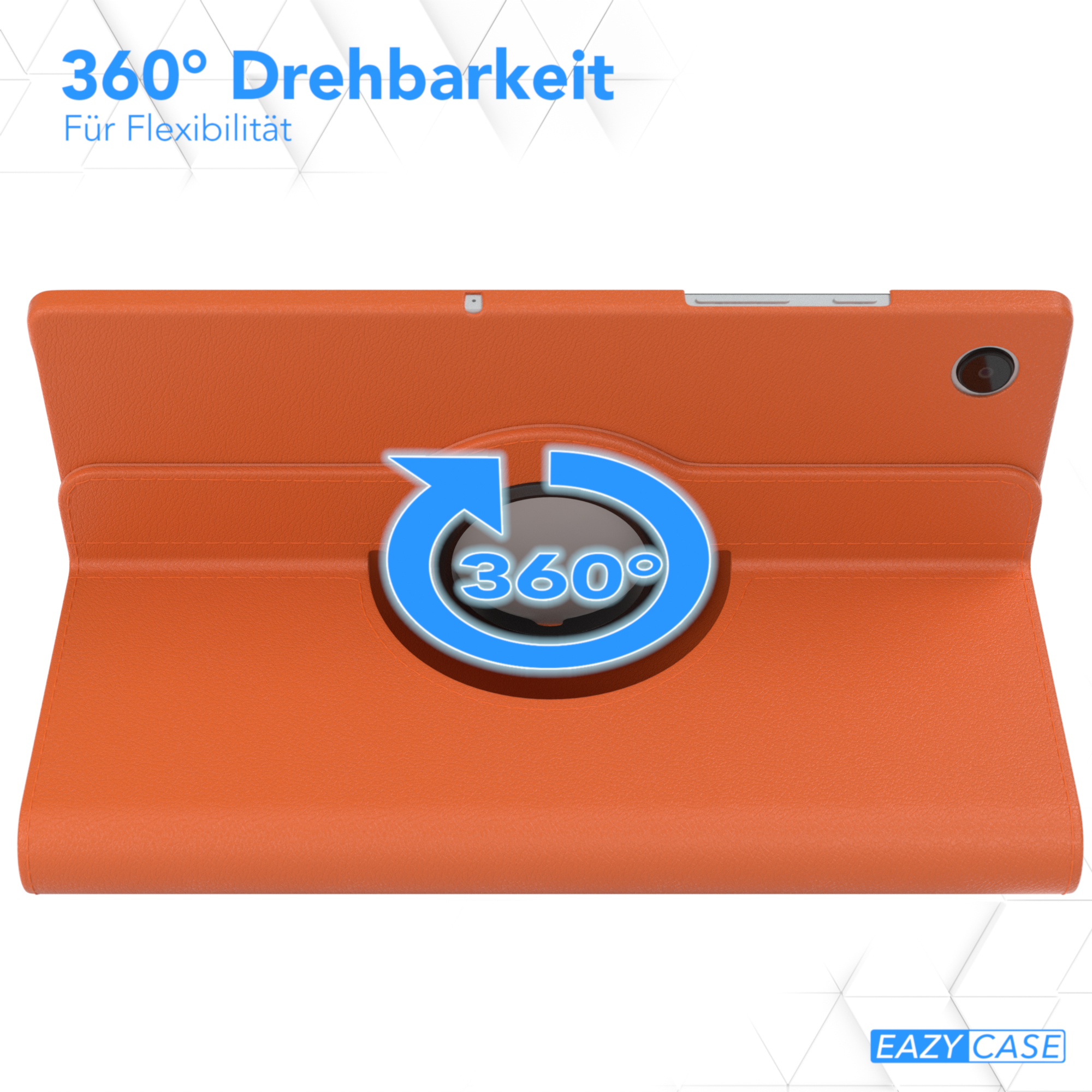 Orangefarbene Tablet-Hülle mit Drehdesign, offen. Pfeilgrafik zeigt 360 Grad. Text sagt '360° Drehbarkeit'.
