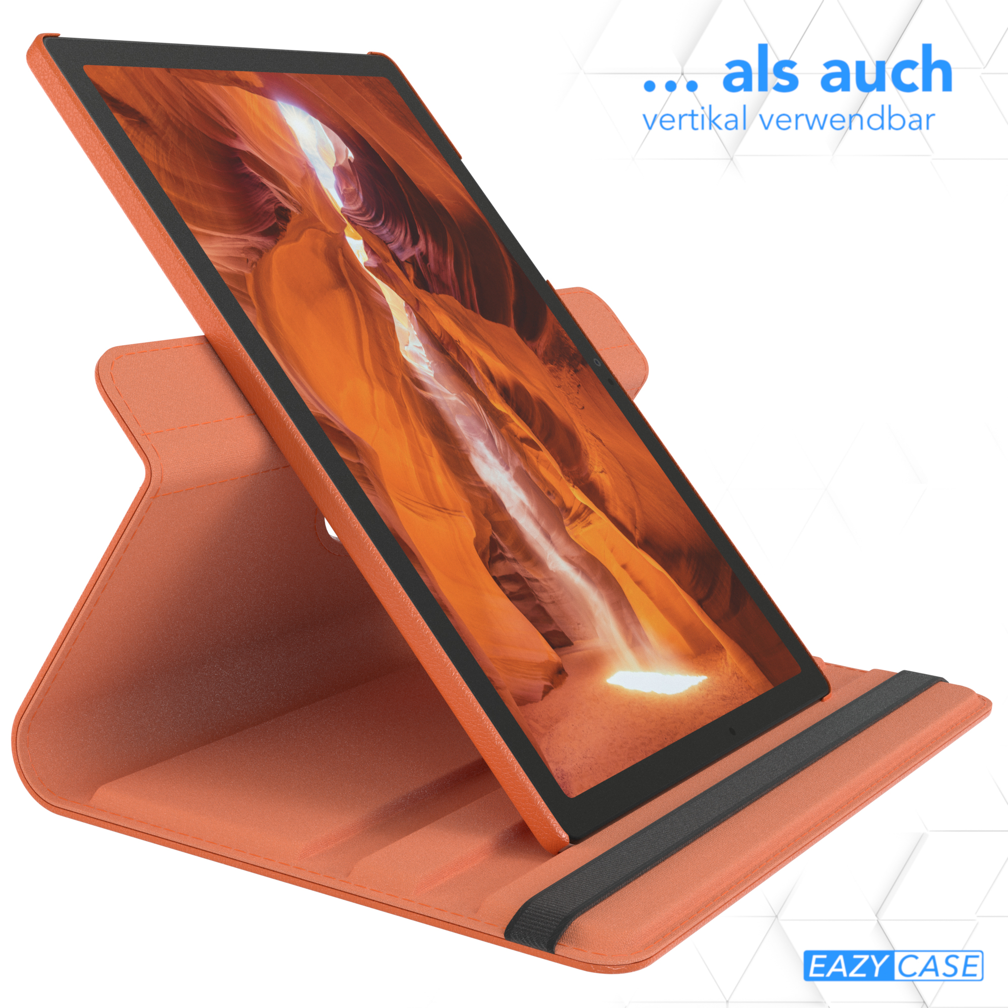 Tablet in orangefarbener Hülle, vertikale Position.